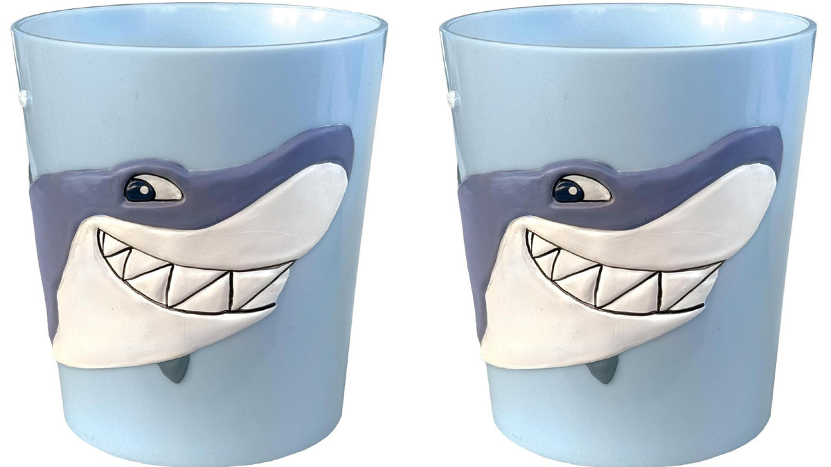 Lily's Home shark tumbler features a 3D grin, easy to grip for kids.
