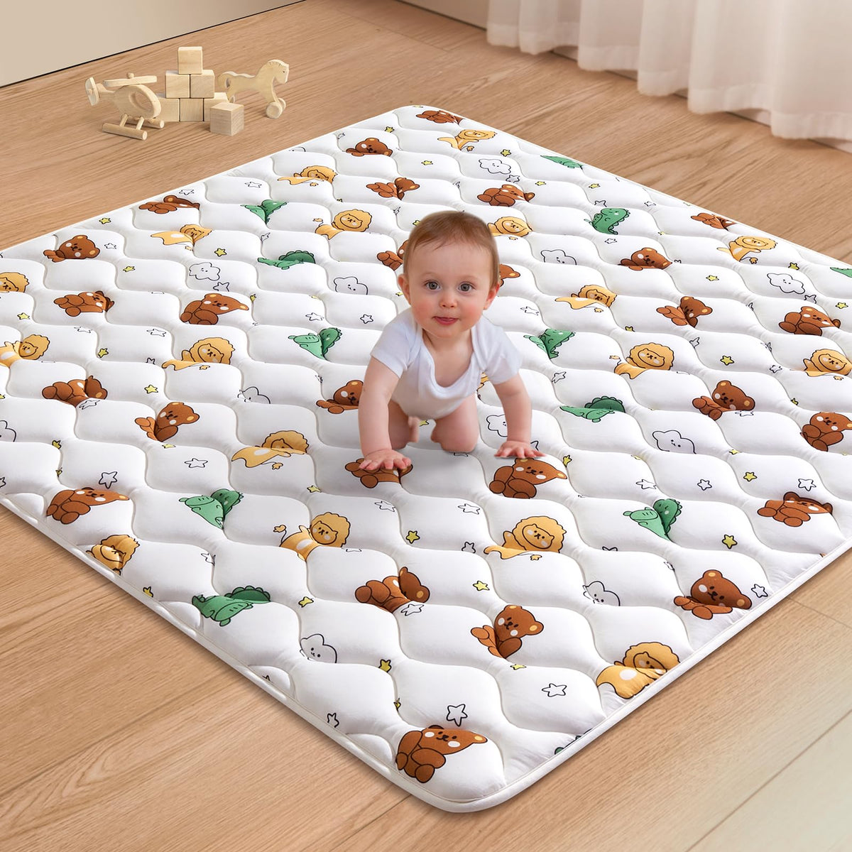 LILYVIBEBEARHAPPY baby play mat 59x59 inches, spacious surface for crawling and playtime.