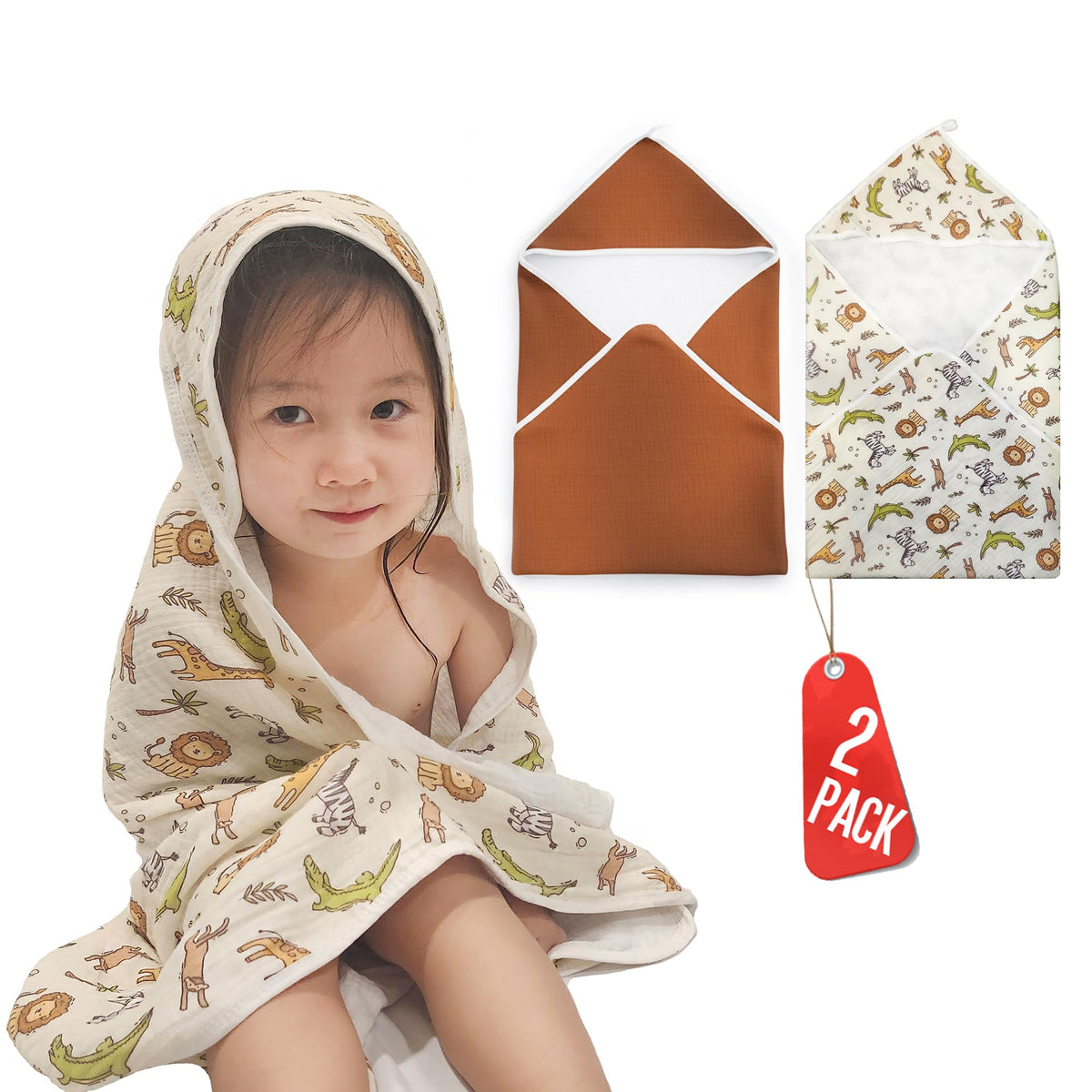 Linaly 2-pack muslin hooded towels packaging highlights value and convenience for parents.