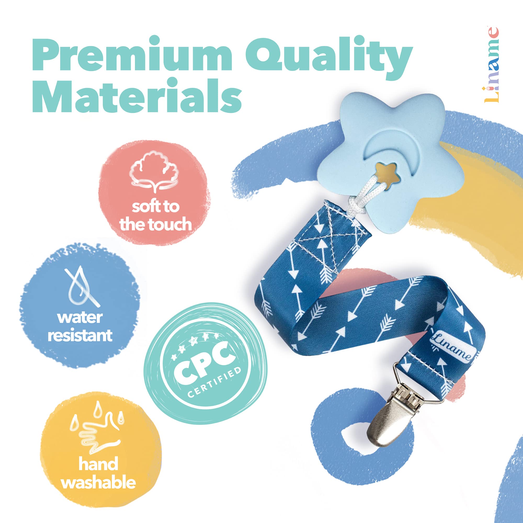 Baby using Liname pacifier clip in blue during stroller ride
