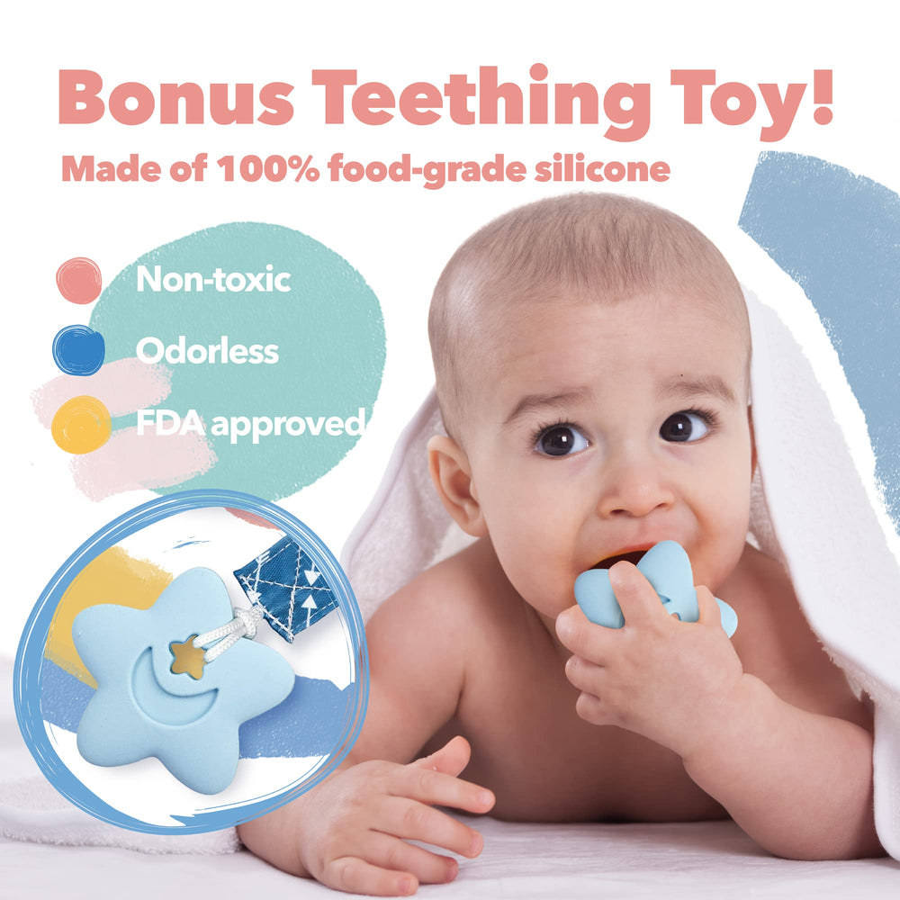 Gift-ready Liname pacifier clip set in blue packaging