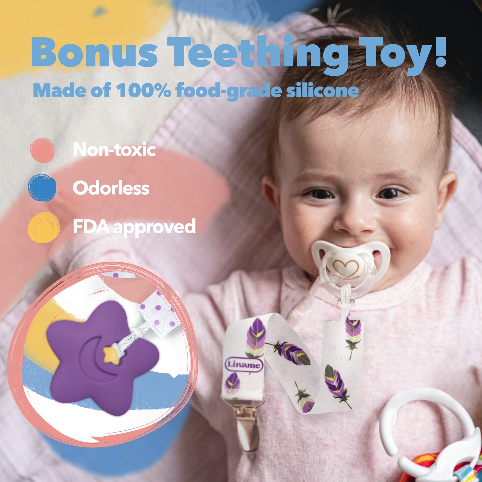 Liname gift-packaging pacifier clip set ideal as baby gift.