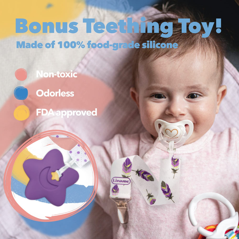 Liname gift-packaging pacifier clip set ideal as baby gift.