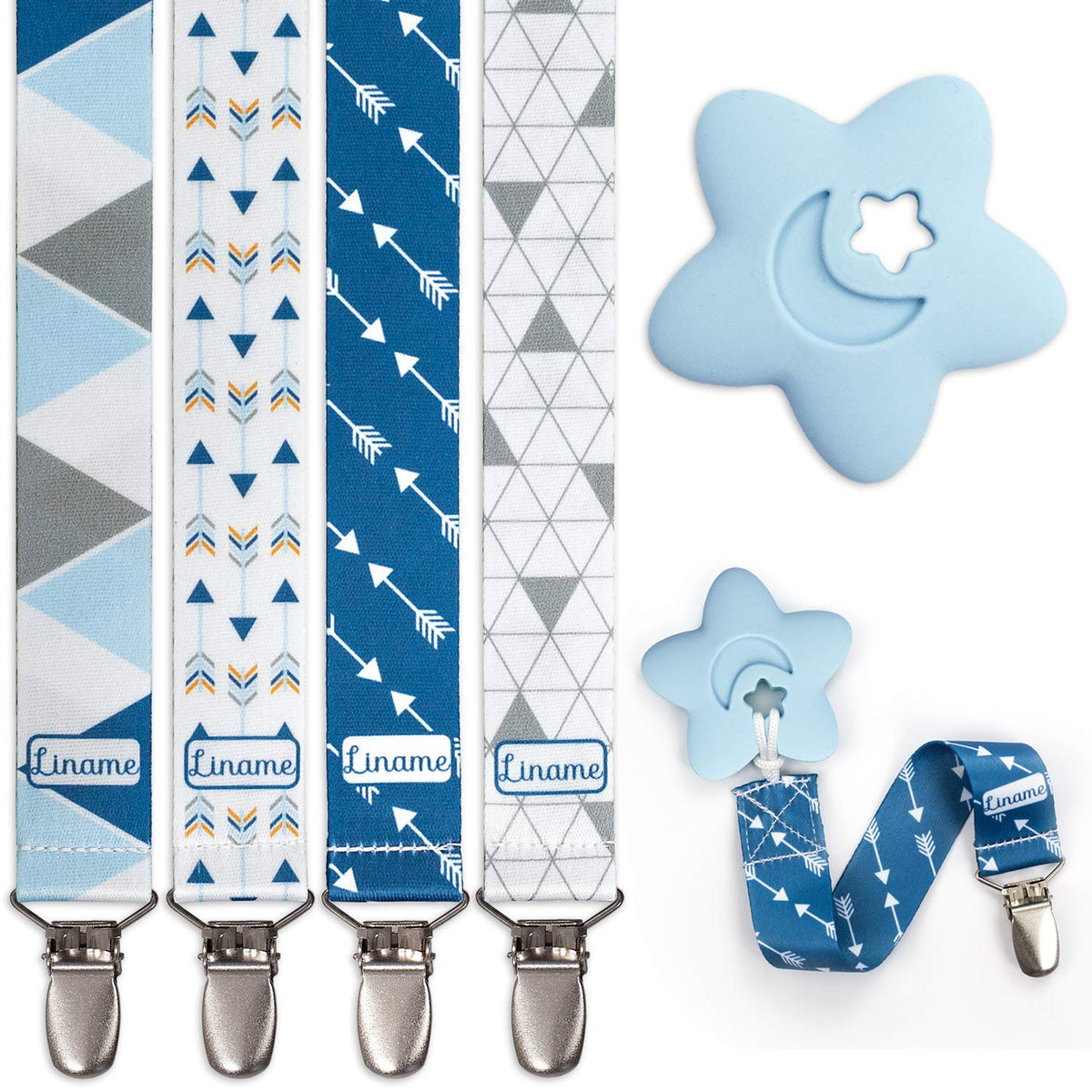 Liname neutral pacifier clip with teething toy in blue keeps pacifiers within reach
