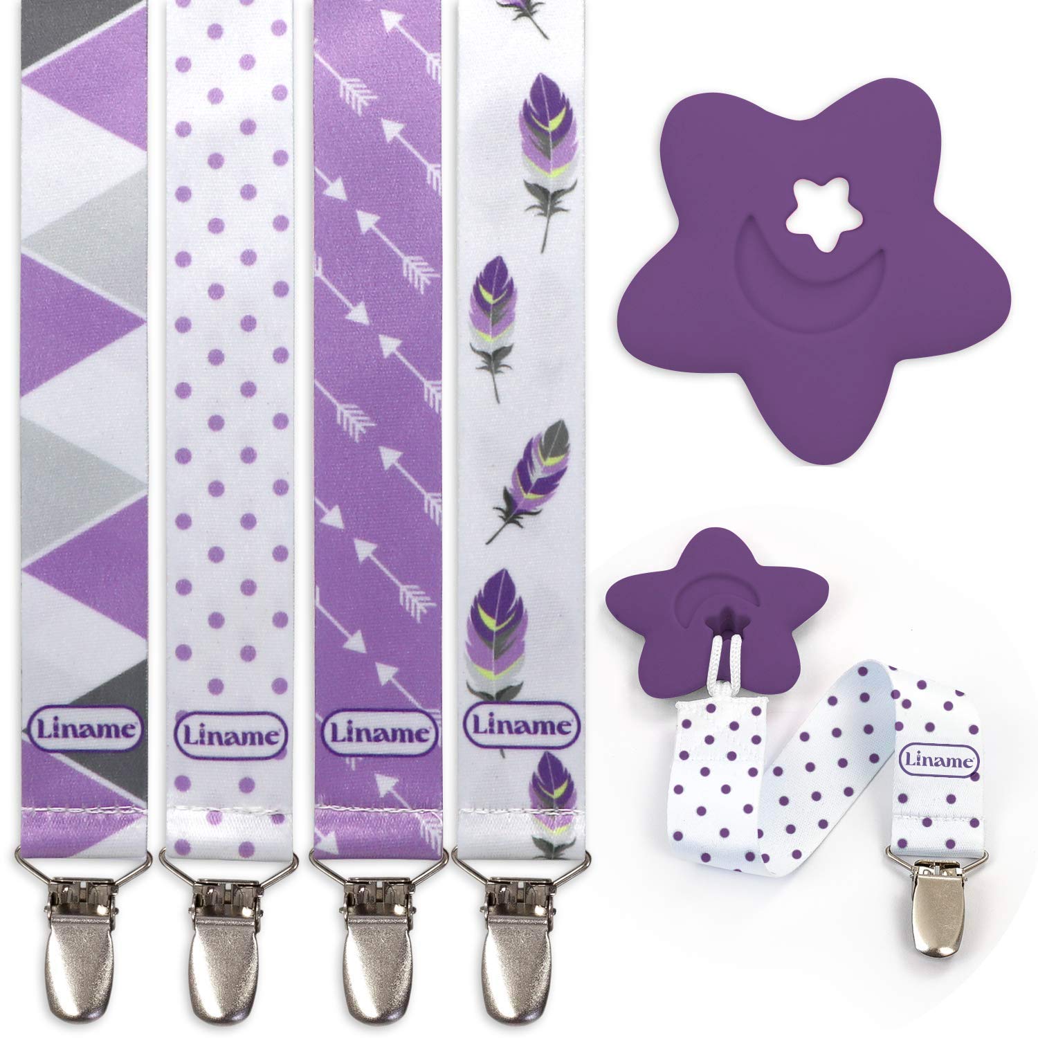 Liname neutral pacifier clip with teething toy keeps pacifier secure on the go.