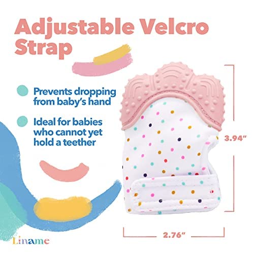 Liname teething mitten with adjustable Velcro for secure fit.