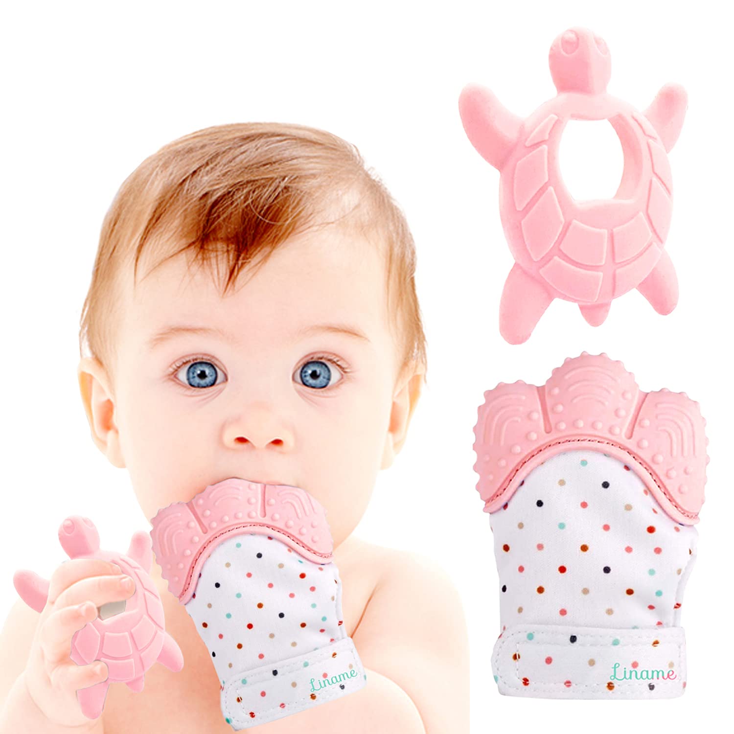 Liname teething mitten with soft silicone texture soothes sore gums.