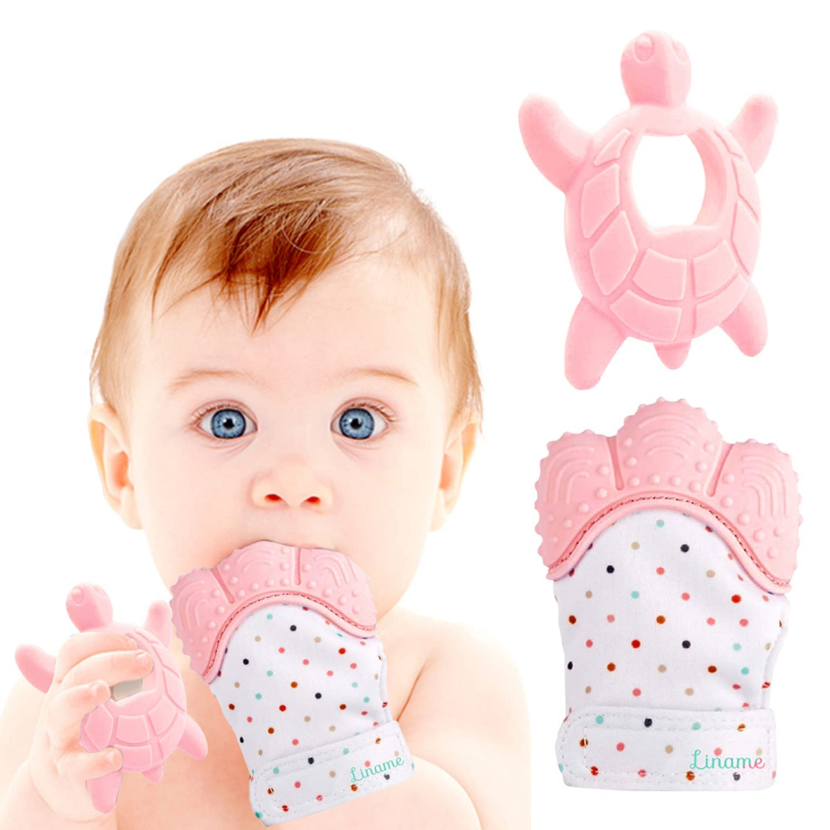 Liname teething mitten with soft silicone texture soothes sore gums.