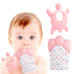 Liname teething mitten with soft silicone texture soothes sore gums.
