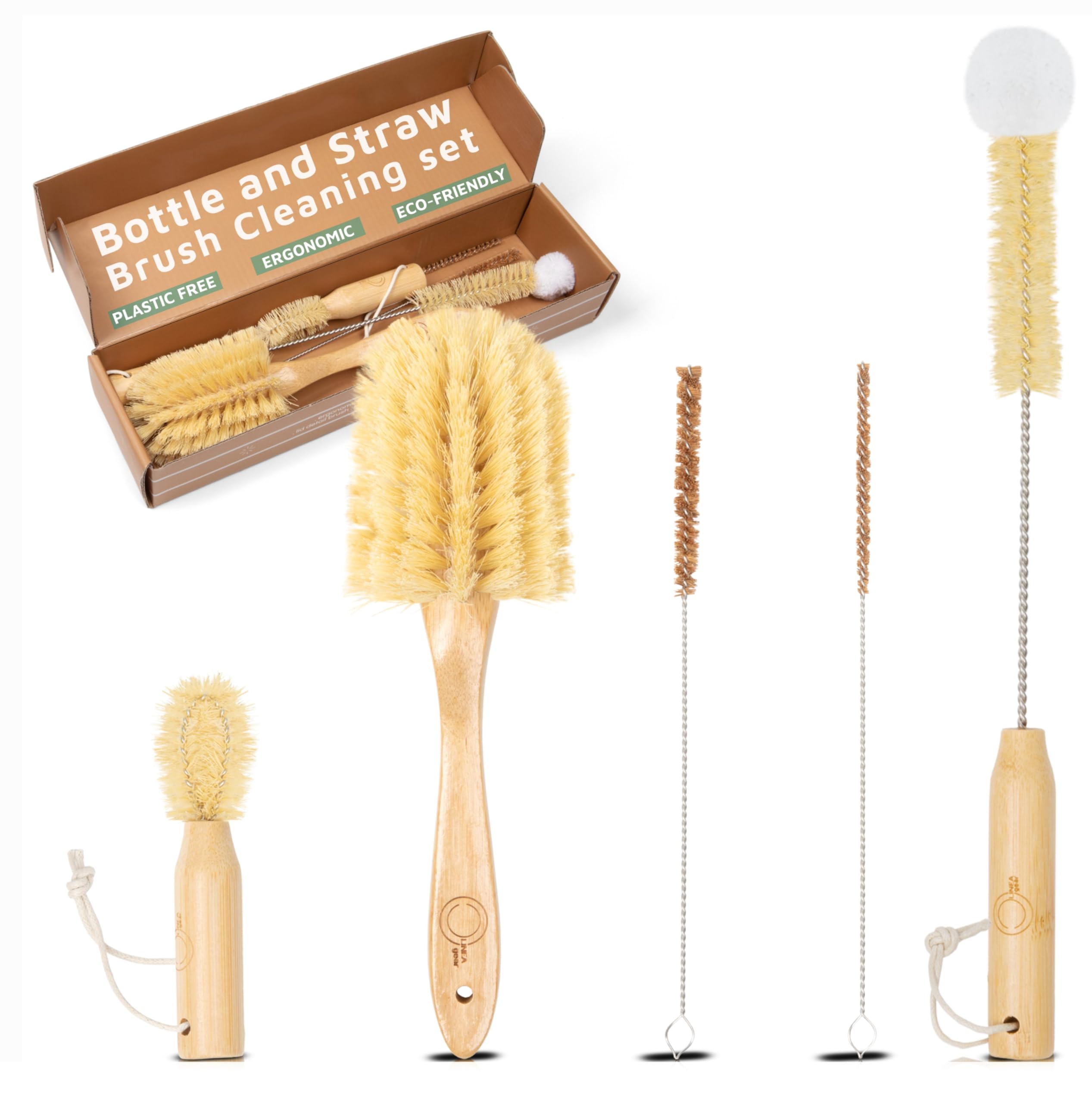 Linea Gear bamboo bottle brush with ergonomic handle for easy, plastic-free cleaning