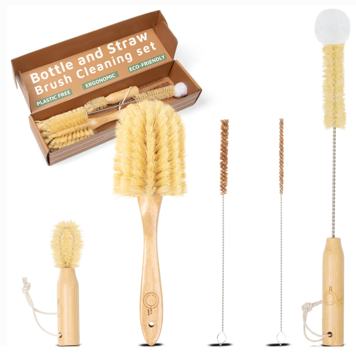 Linea Gear bamboo bottle brush with ergonomic handle for easy, plastic-free cleaning