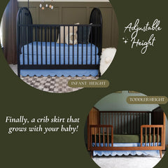 Linens Limited mini crib skirt with 10 inch drop; secure fit for mini cribs and toddler beds.