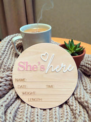 LINHTEVIE birth sign Hes Here blue heart, perfect for baby announcements.