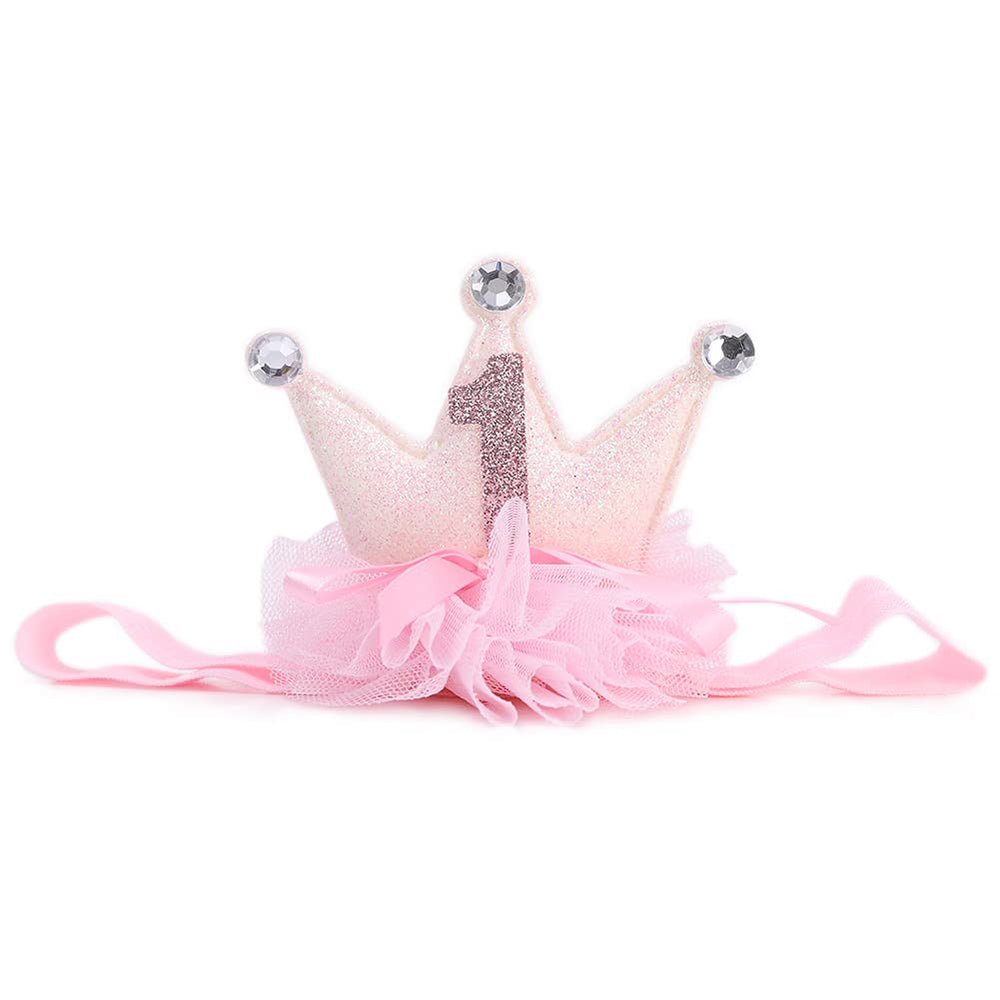 LINLULU 1st birthday crown headband in pink glitter for baby photos.