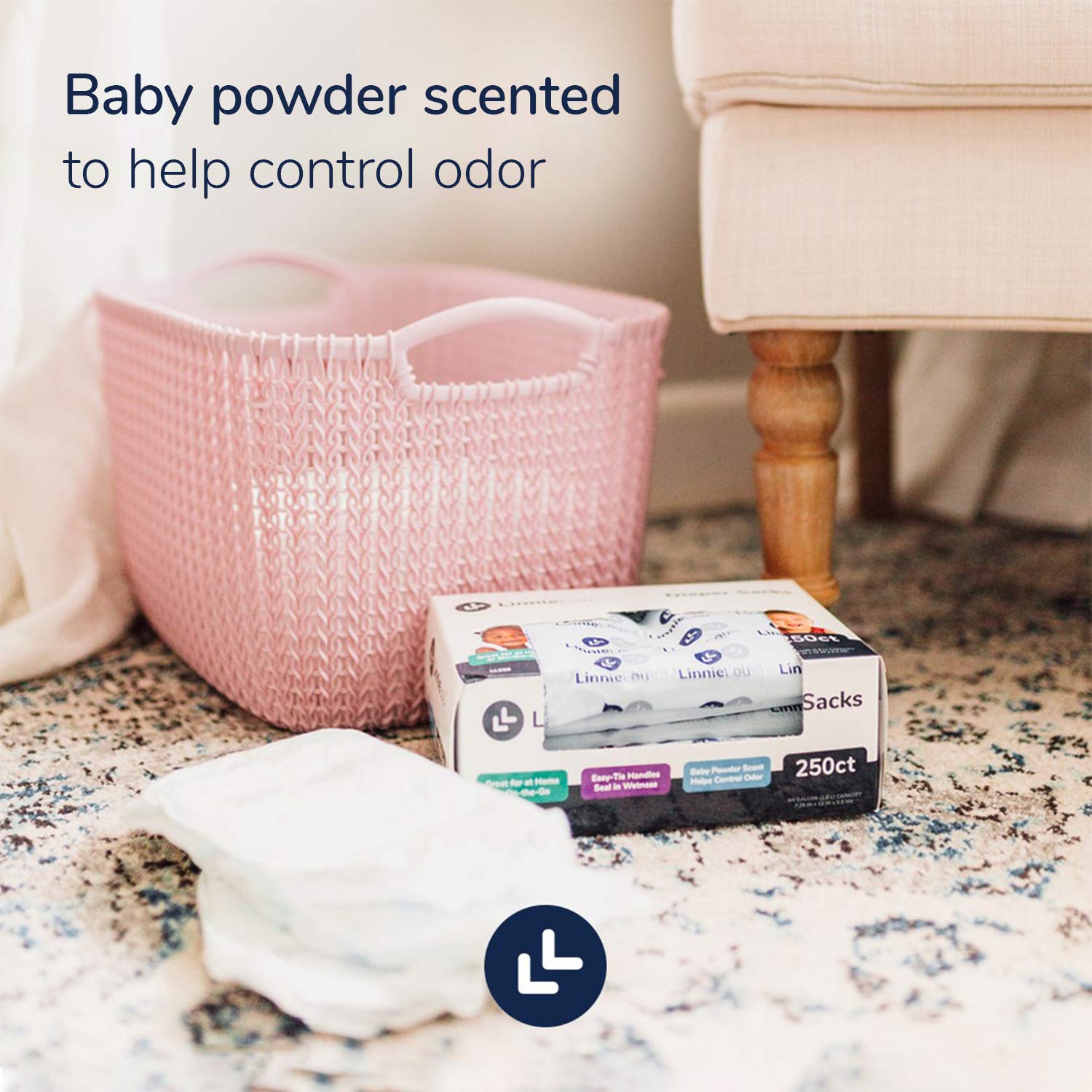 LinnieLou diaper sacks with easy-tie handles seal moisture for mess-free changes.