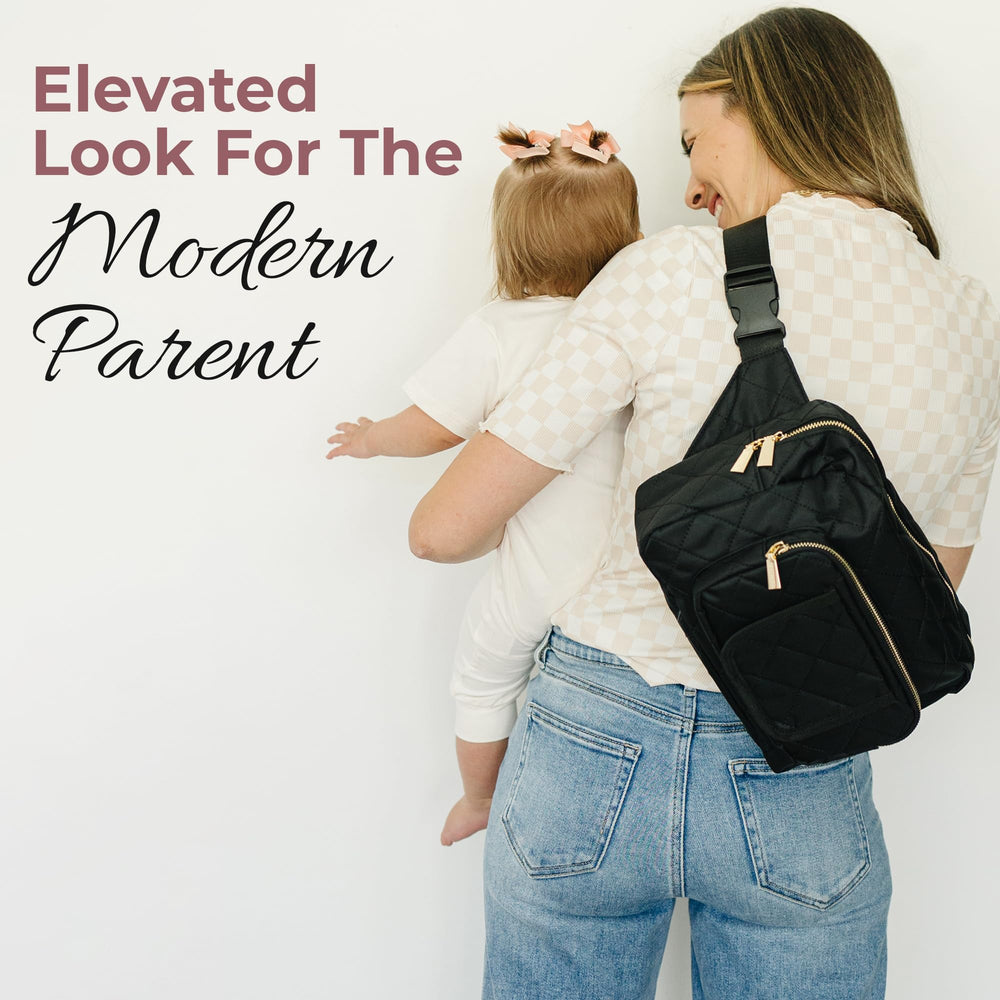 Lion & Light Jetsetter quilted-design with gold hardware adds chic mom style