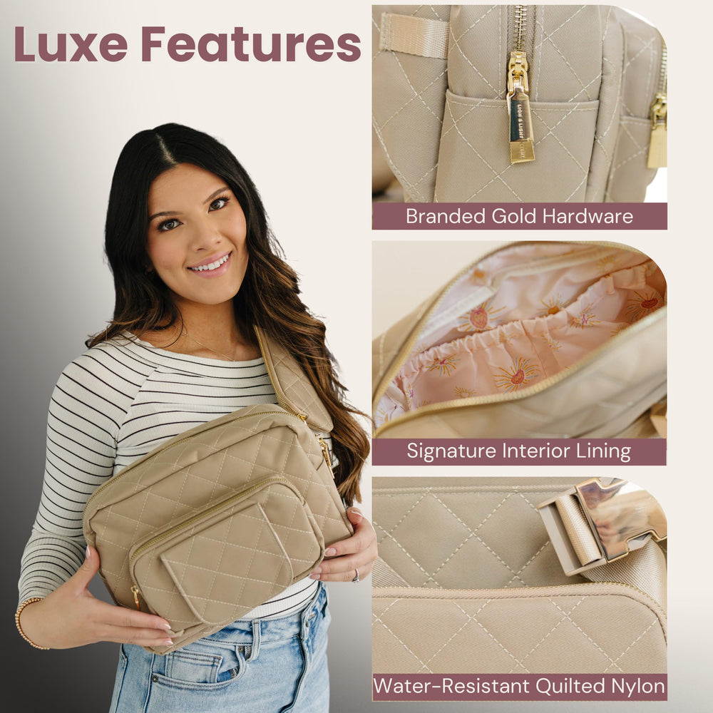 Chic quilted design and gold hardware on Lion & Light Jetsetter