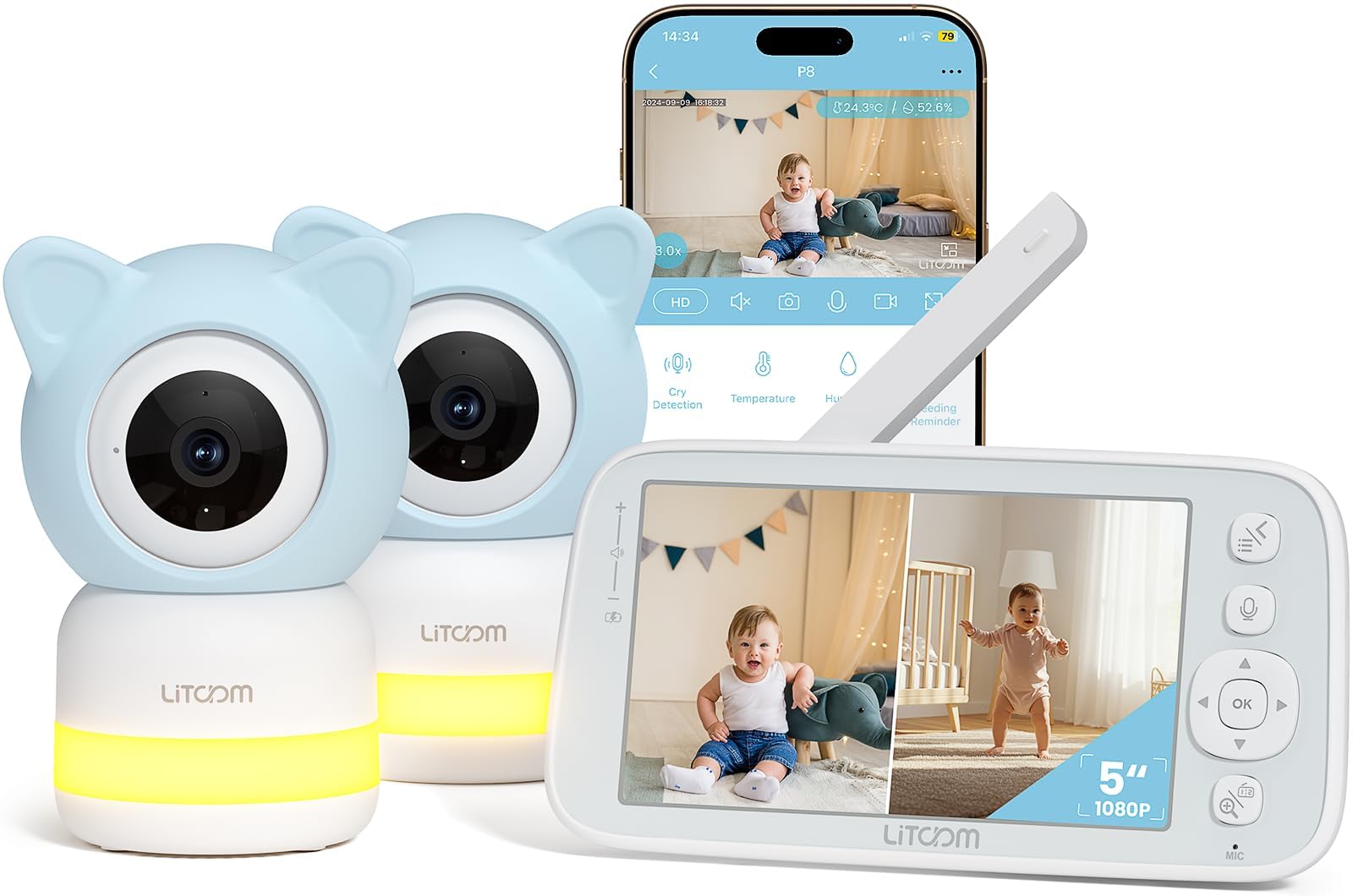 Litokam 4MP monitor with dual-camera split-screen for real-time monitoring.
