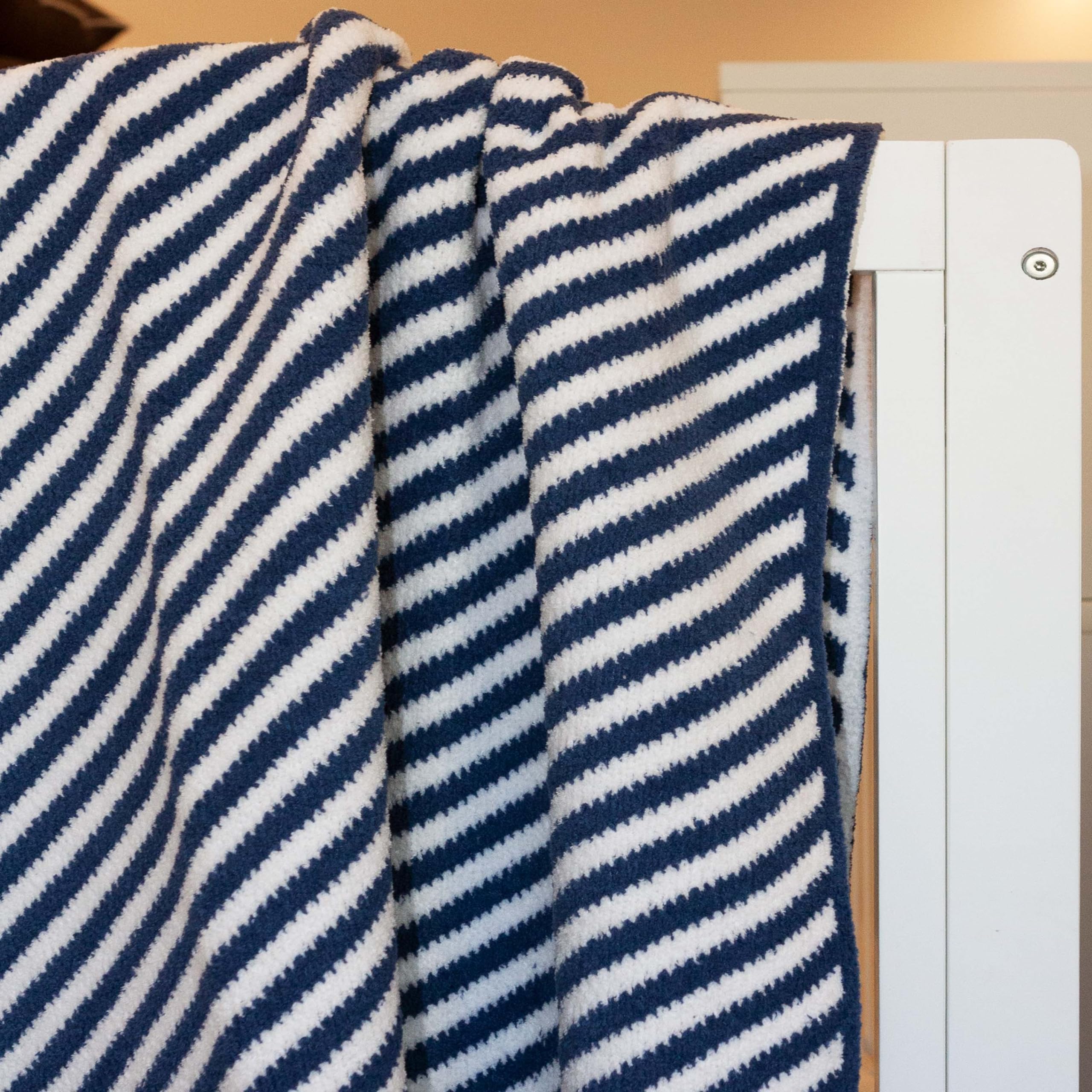Little Celebrity Chenille baby blanket navy stripes with plush texture for cozy cuddles.
