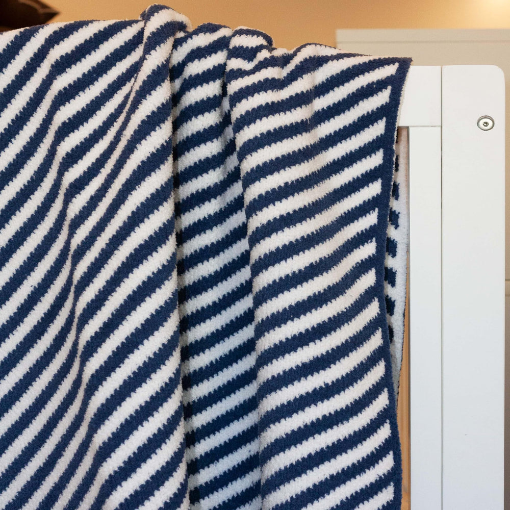 Little Celebrity Chenille baby blanket navy stripes with plush texture for cozy cuddles.