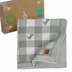 Little Dedi checkered baby blanket close-up shows the green dinosaur pattern for gentle swaddling.