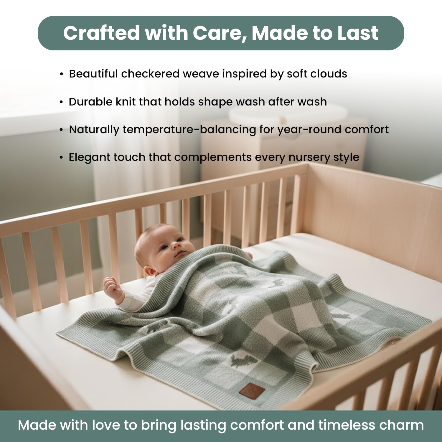 Little Dedi checkered blanket swaddling use in nursery with soft texture.