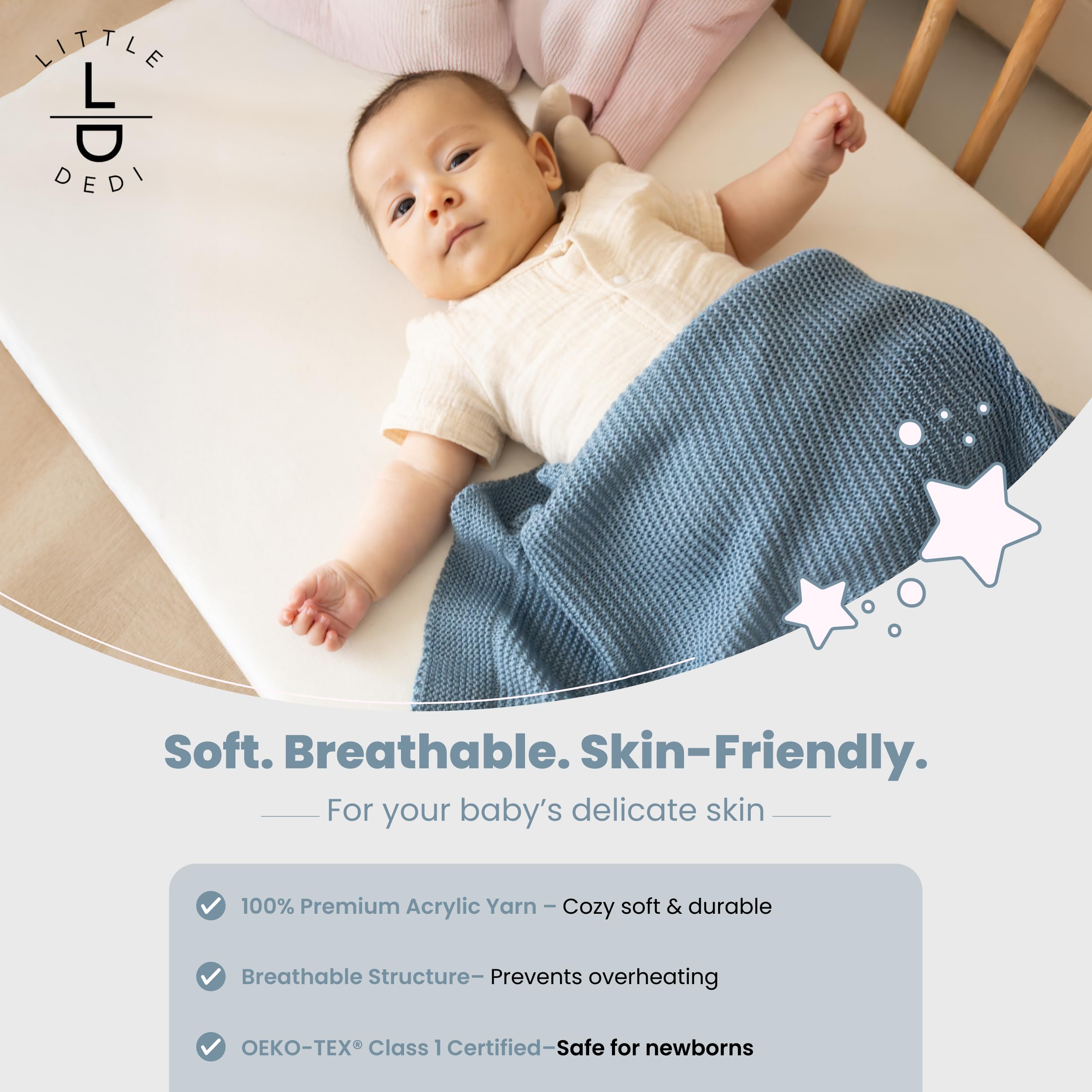 Little Dedi blanket showing engraved stars detail for a cozy nursery touch.