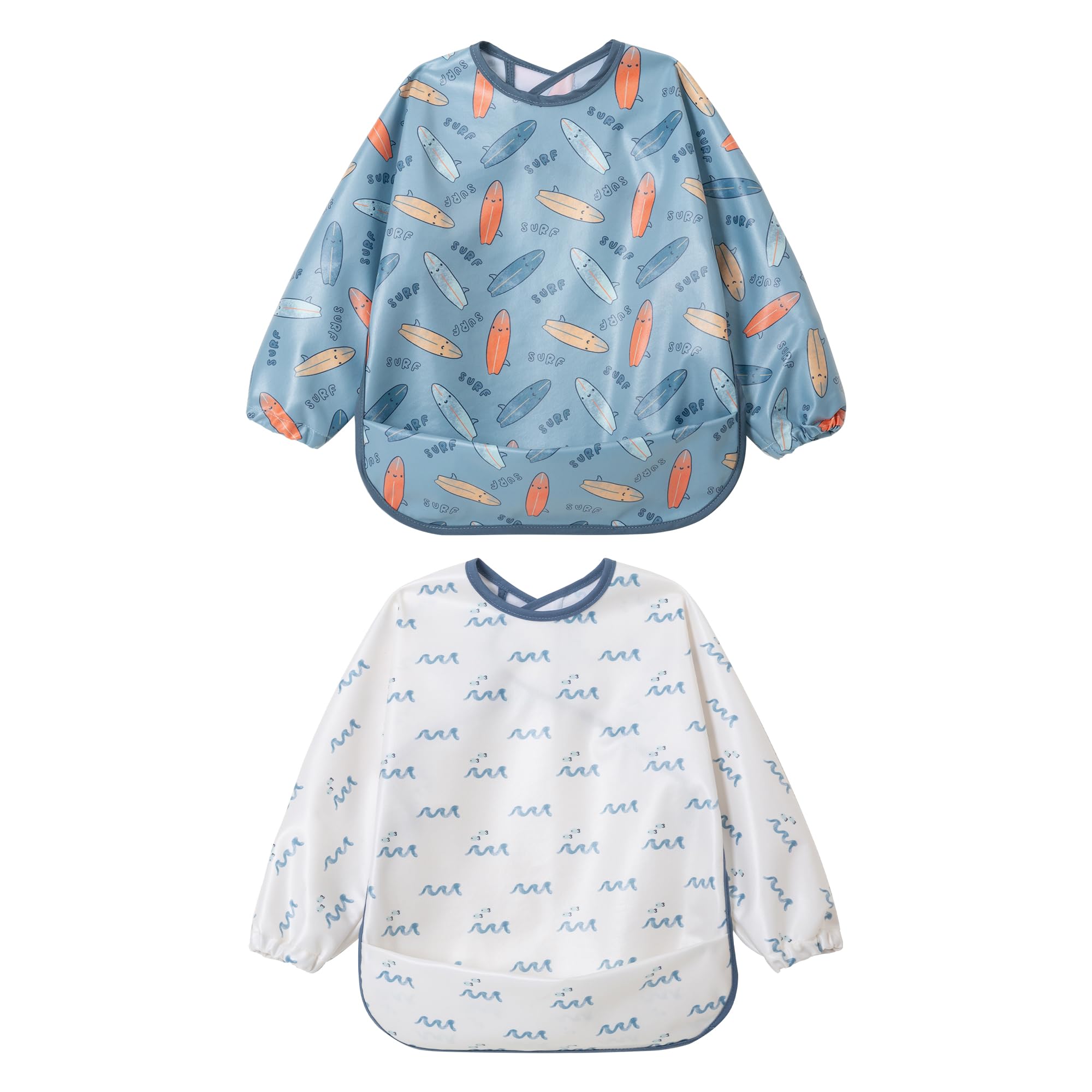 Little Dimsum long-sleeve feeding bib with surf print keeps clothes clean during meals.