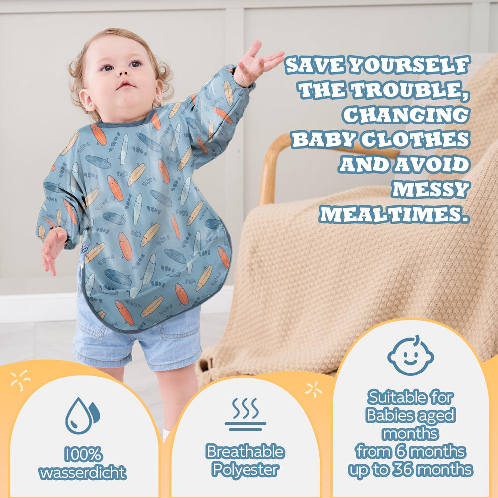 Little Dimsum waterproof baby bib with sleeves provides reliable spill protection at mealtimes.