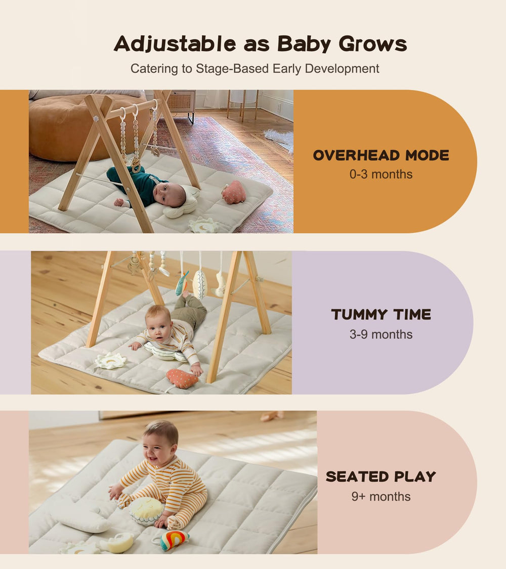 Neutral color blends with nursery decor while inviting developmental play opportunities.