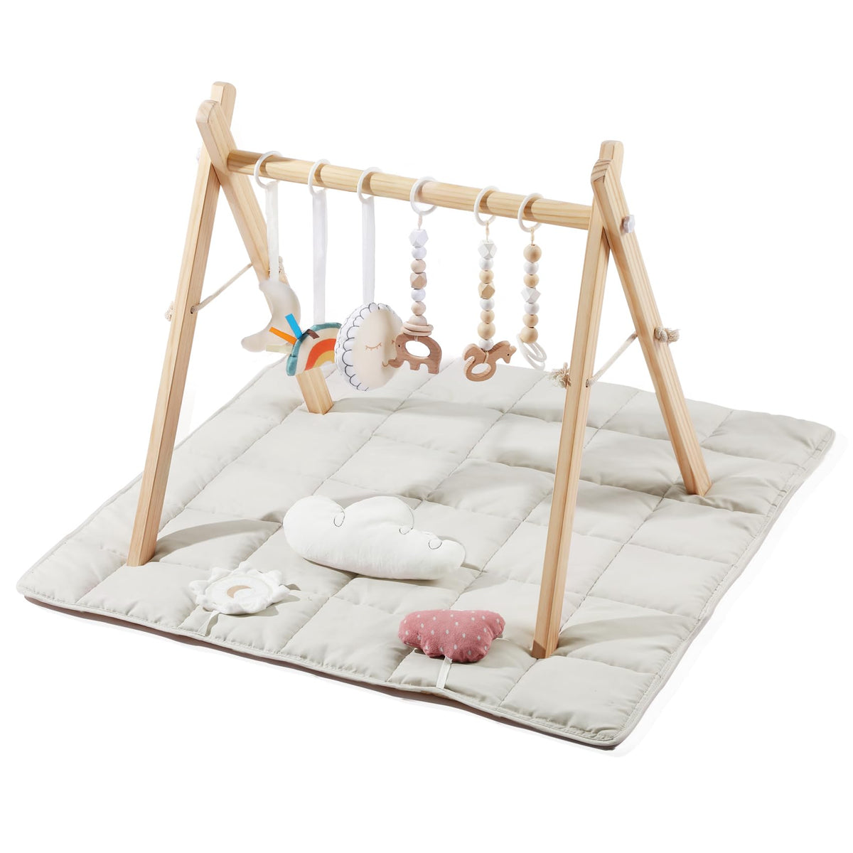 Little Dove baby gym with mat in natural pine creates a cozy, safe play space.