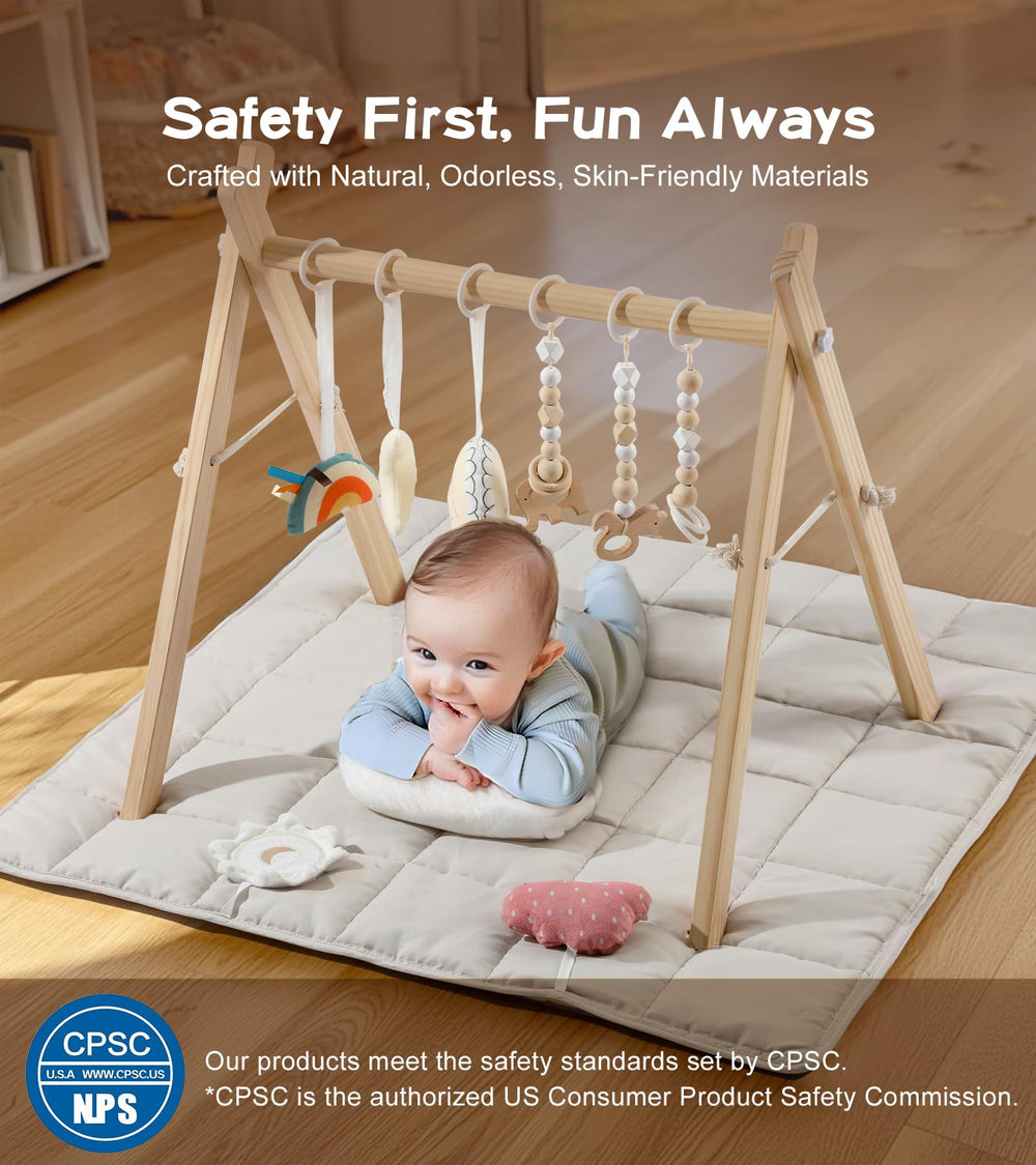 Little Dove wooden frame offers stable support for baby exploration and reach.