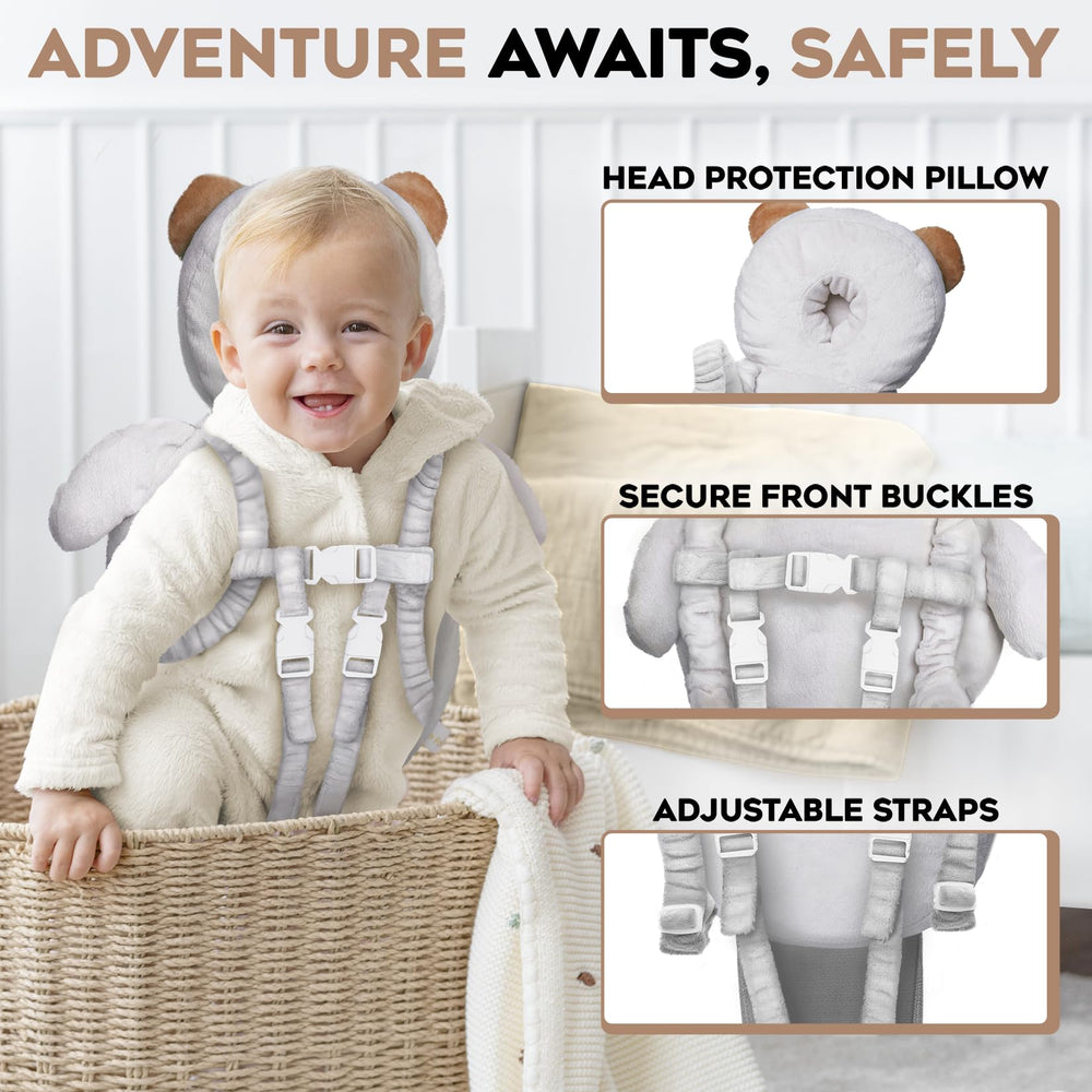 Little Family Head Protector Backpack features adjustable straps for a growing, secure fit.