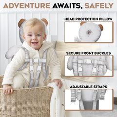 Little Family Head Protector Backpack features adjustable straps for a growing, secure fit.