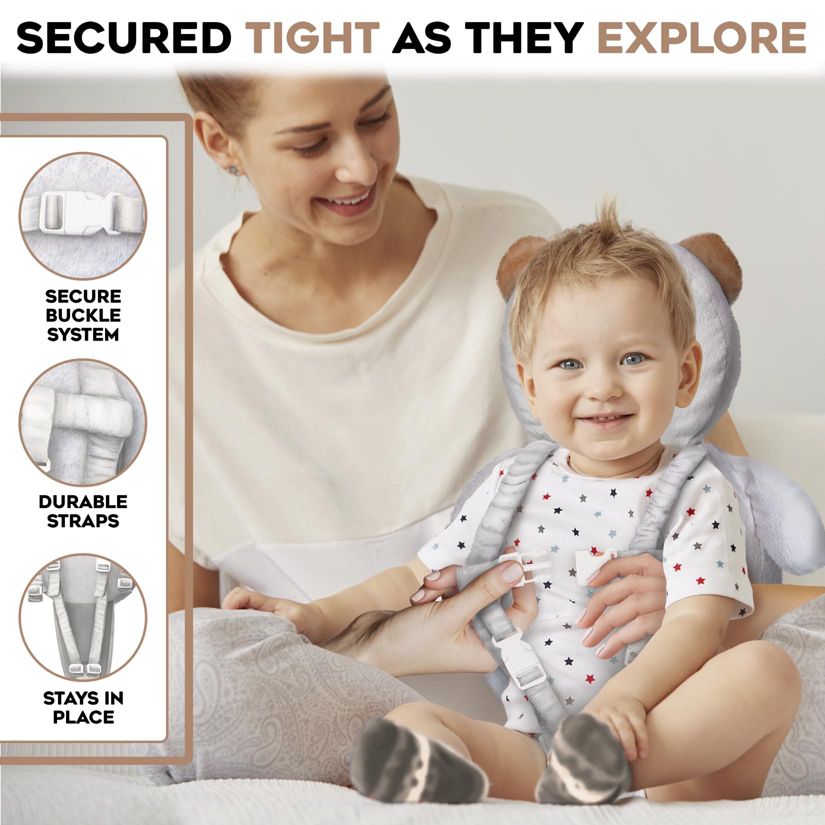 Little Family Head Protector Backpack uses hypoallergenic fabric for gentle skin contact.