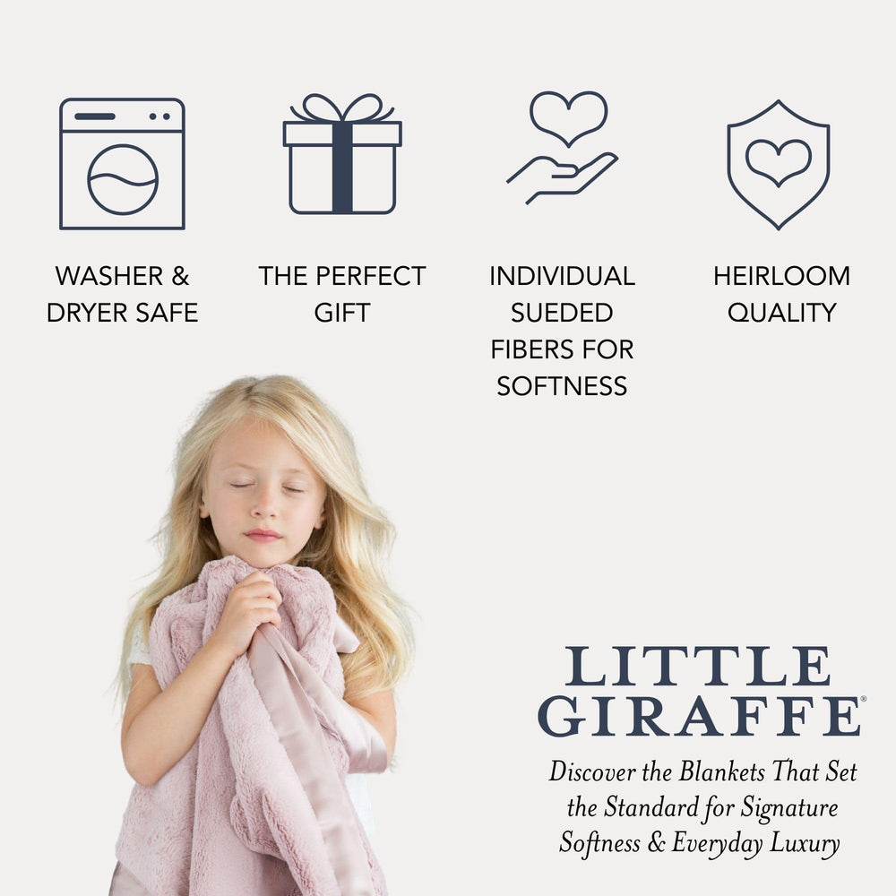 Care guide for Little Giraffe Luxe blanket: machine wash cold, gentle cycle; hang dry.