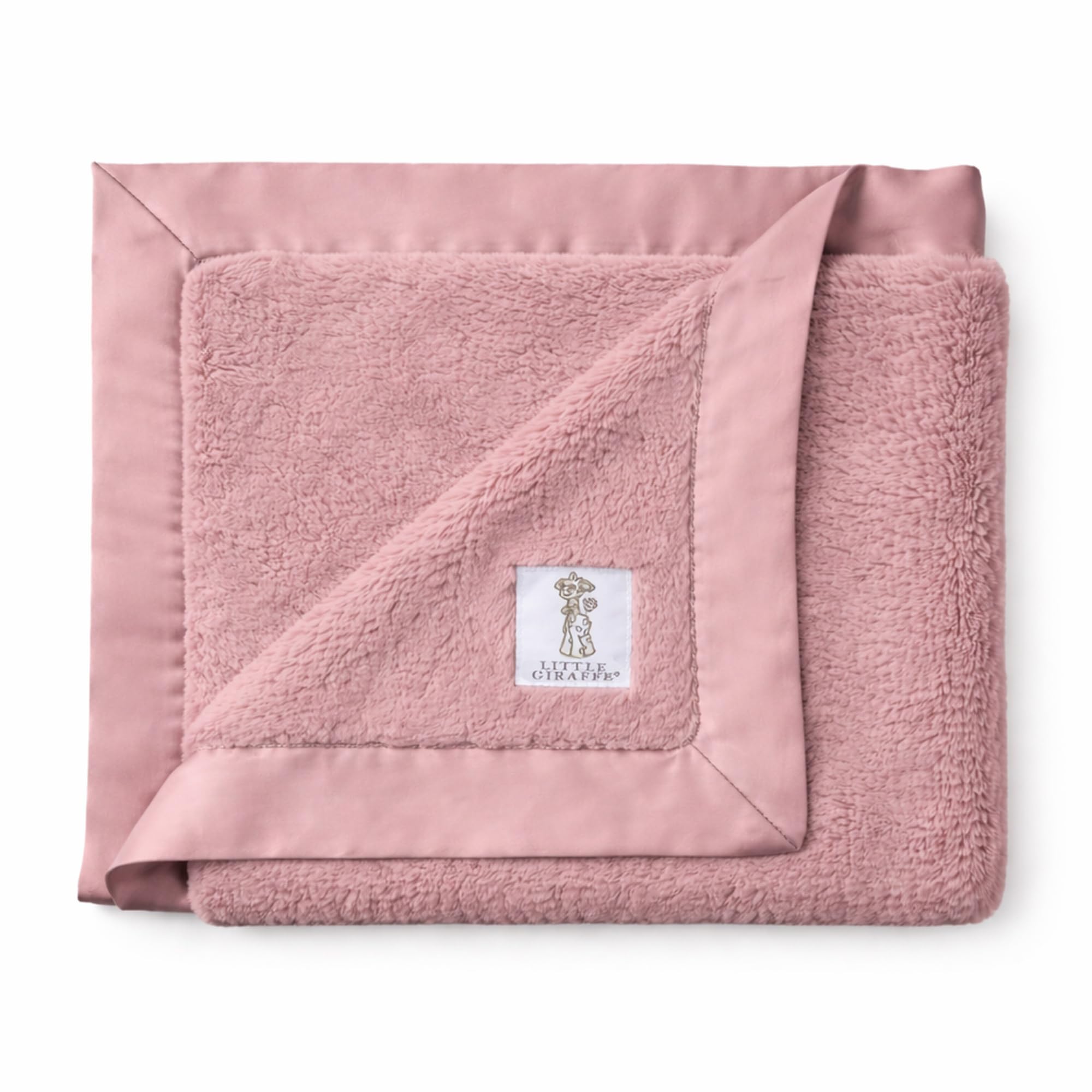 Little Giraffe Luxe blanket with dusty pink satin trim for cozy newborn snuggles.