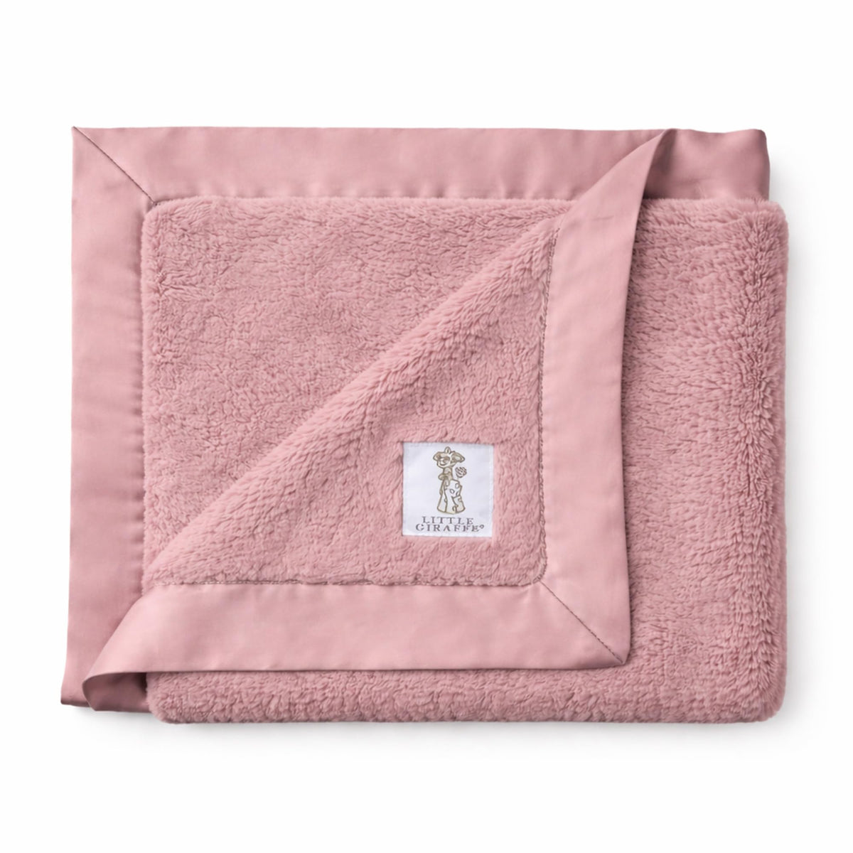 Little Giraffe Luxe blanket with dusty pink satin trim for cozy newborn snuggles.