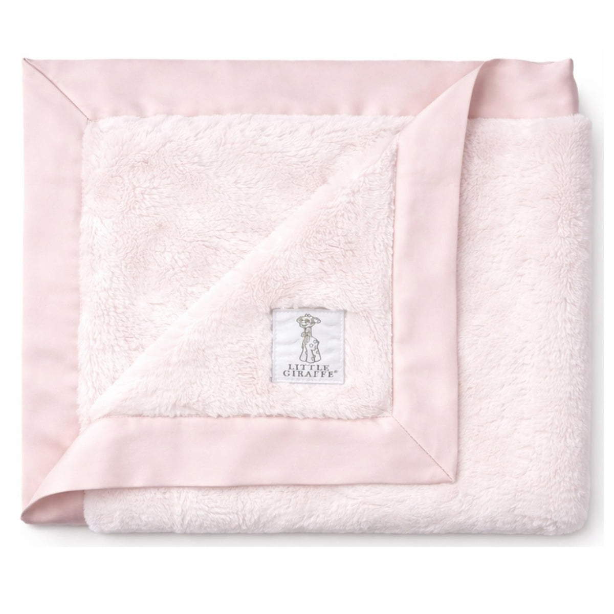 Little Giraffe Luxe soft blanket in pink with satin trim for cozy warmth on the go.