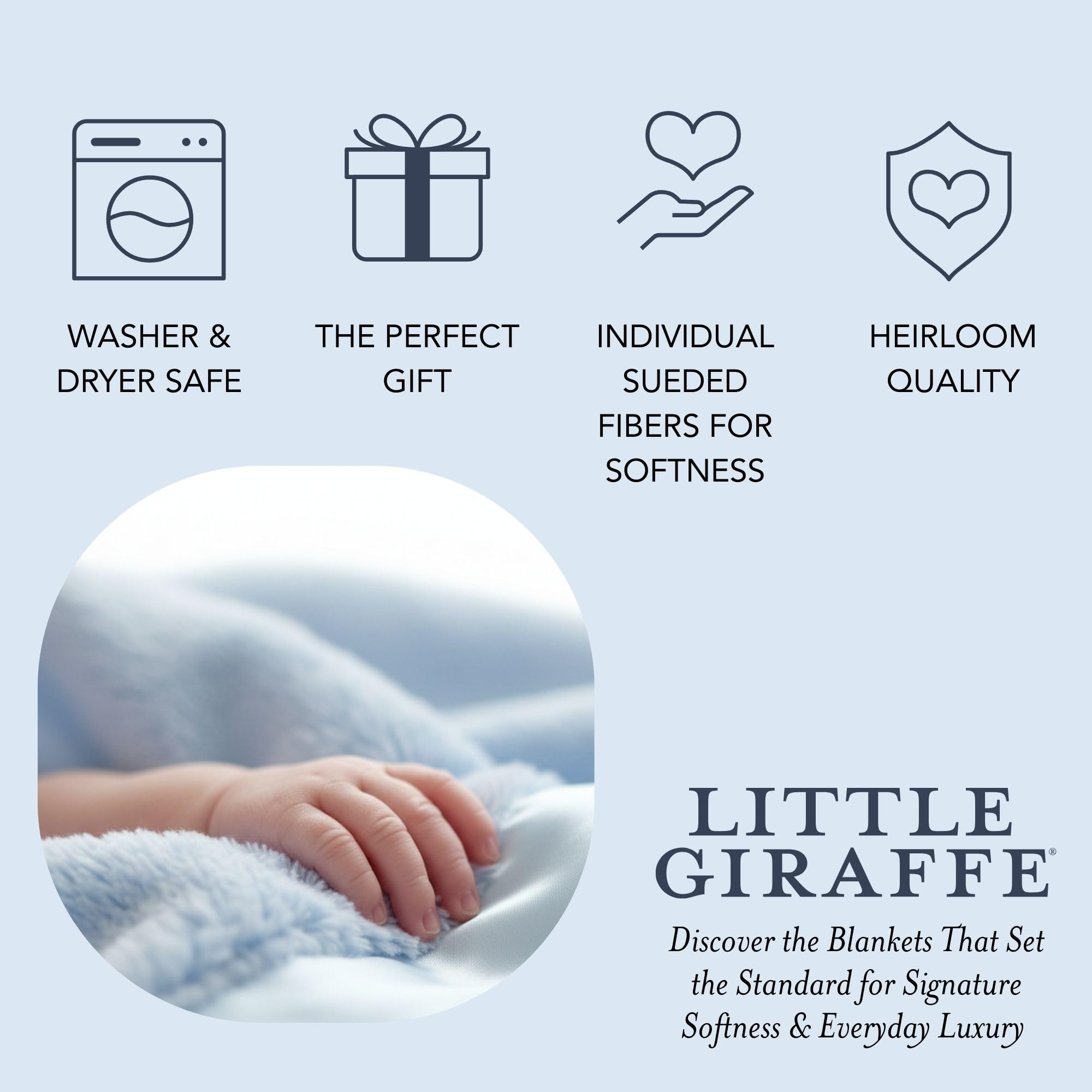 Nursery display featuring Little Giraffe blanket suggests a timeless keepsake.
