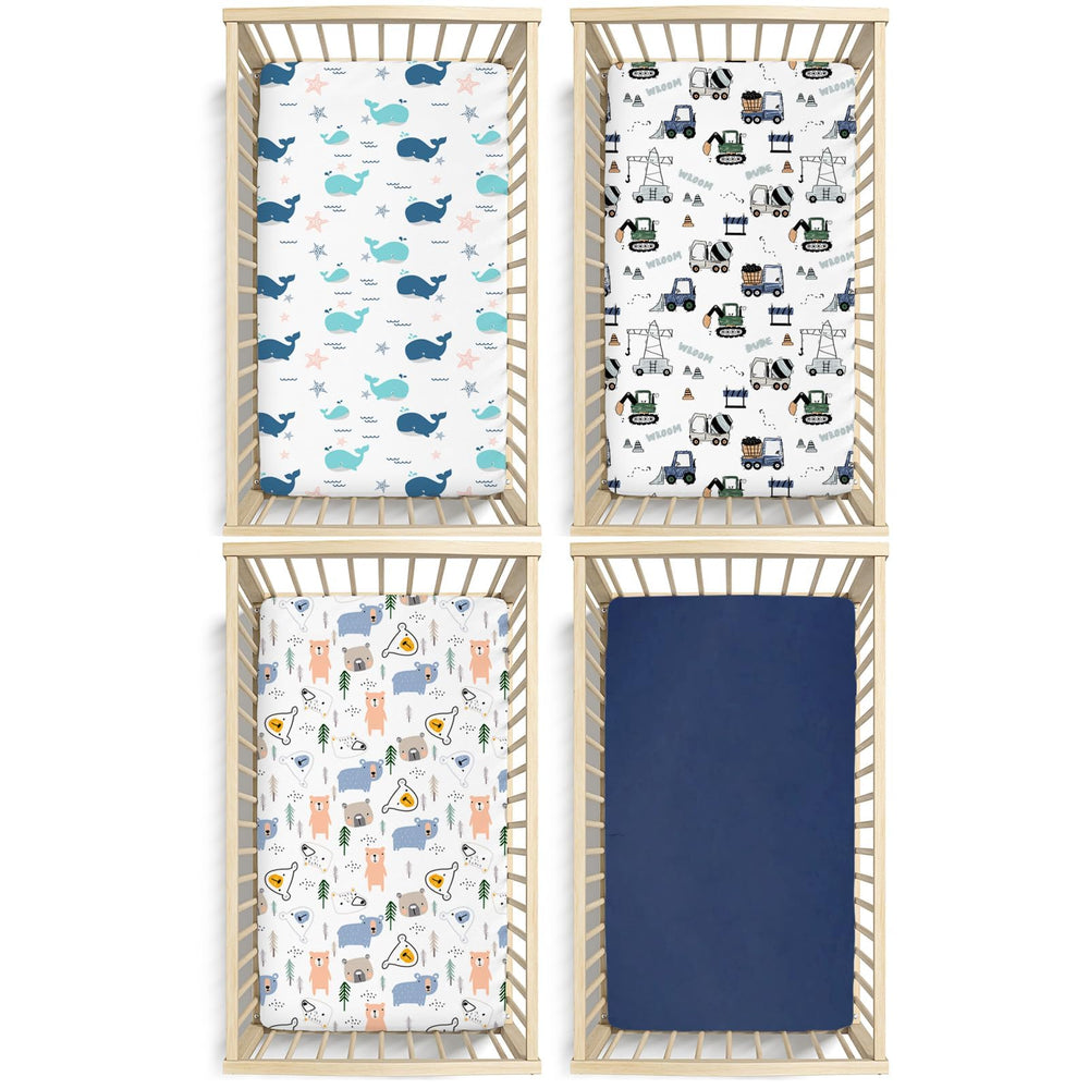 Four-pack crib sheets from Little Grape Land, vibrant colors and secure fit