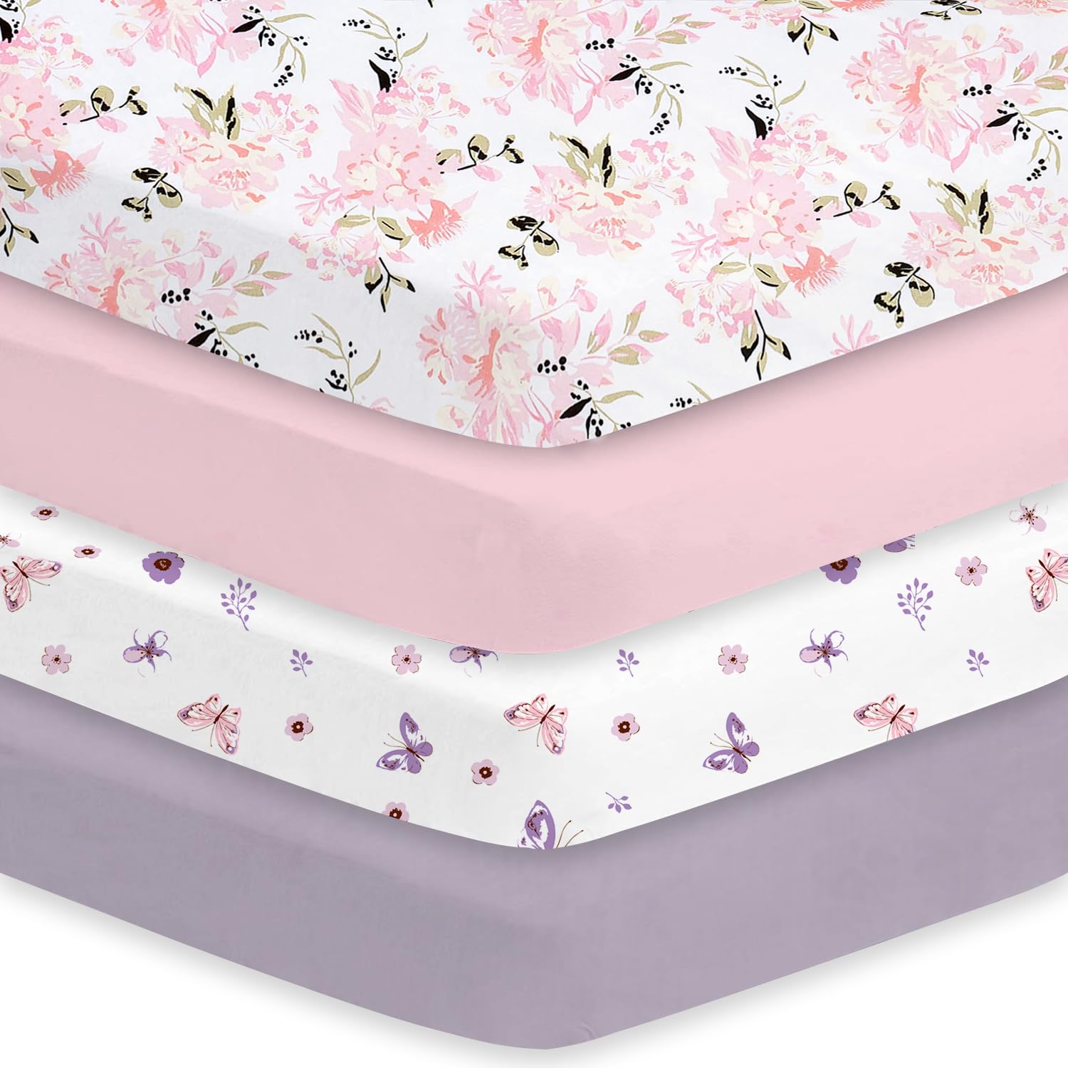 Little Grape Land crib sheets girl 4-pack in soft, breathable fabric for baby sleep.