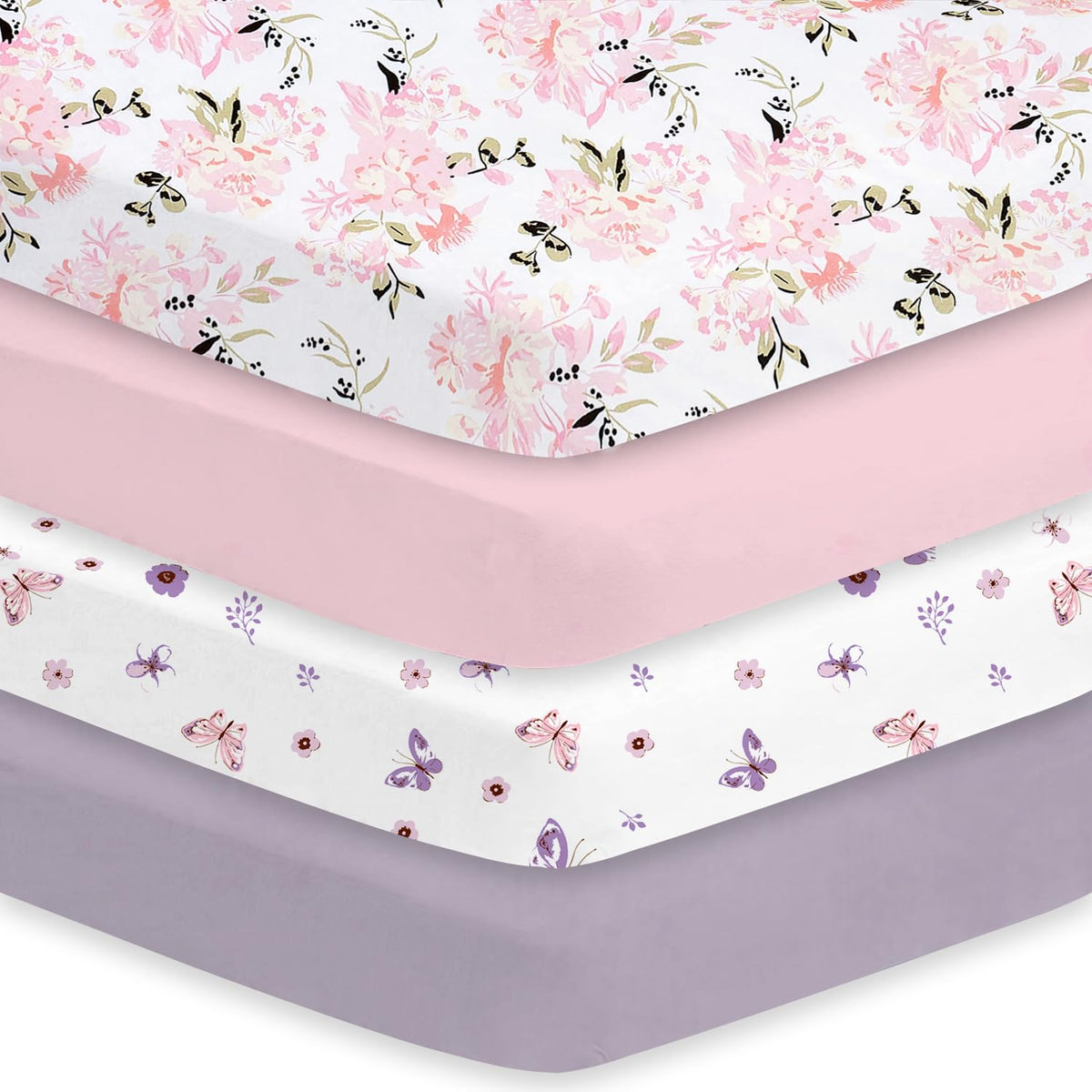Little Grape Land crib sheets girl 4-pack in soft, breathable fabric for baby sleep.