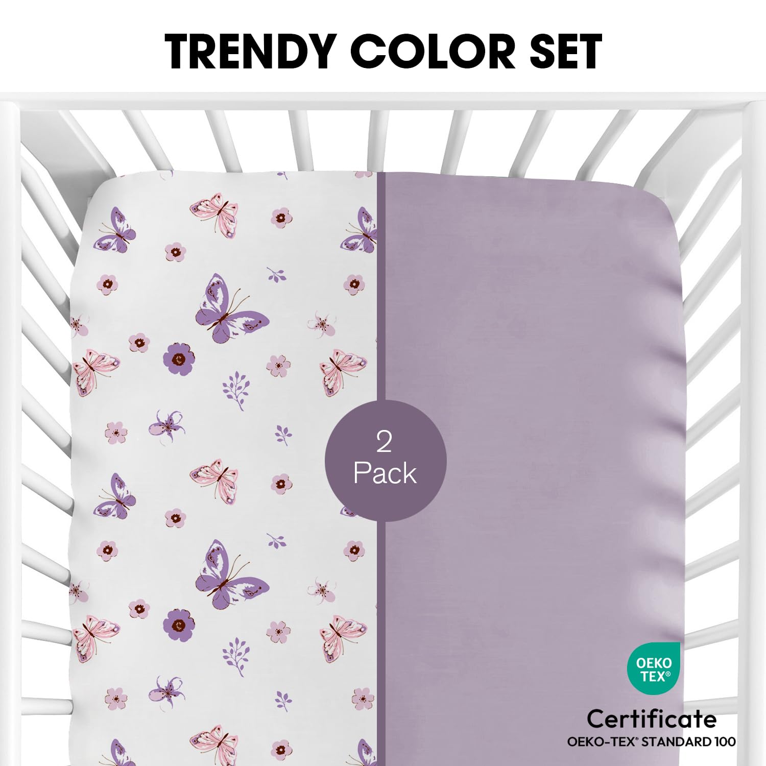 Purple Butterfly design crib sheets add playful style to baby's nursery