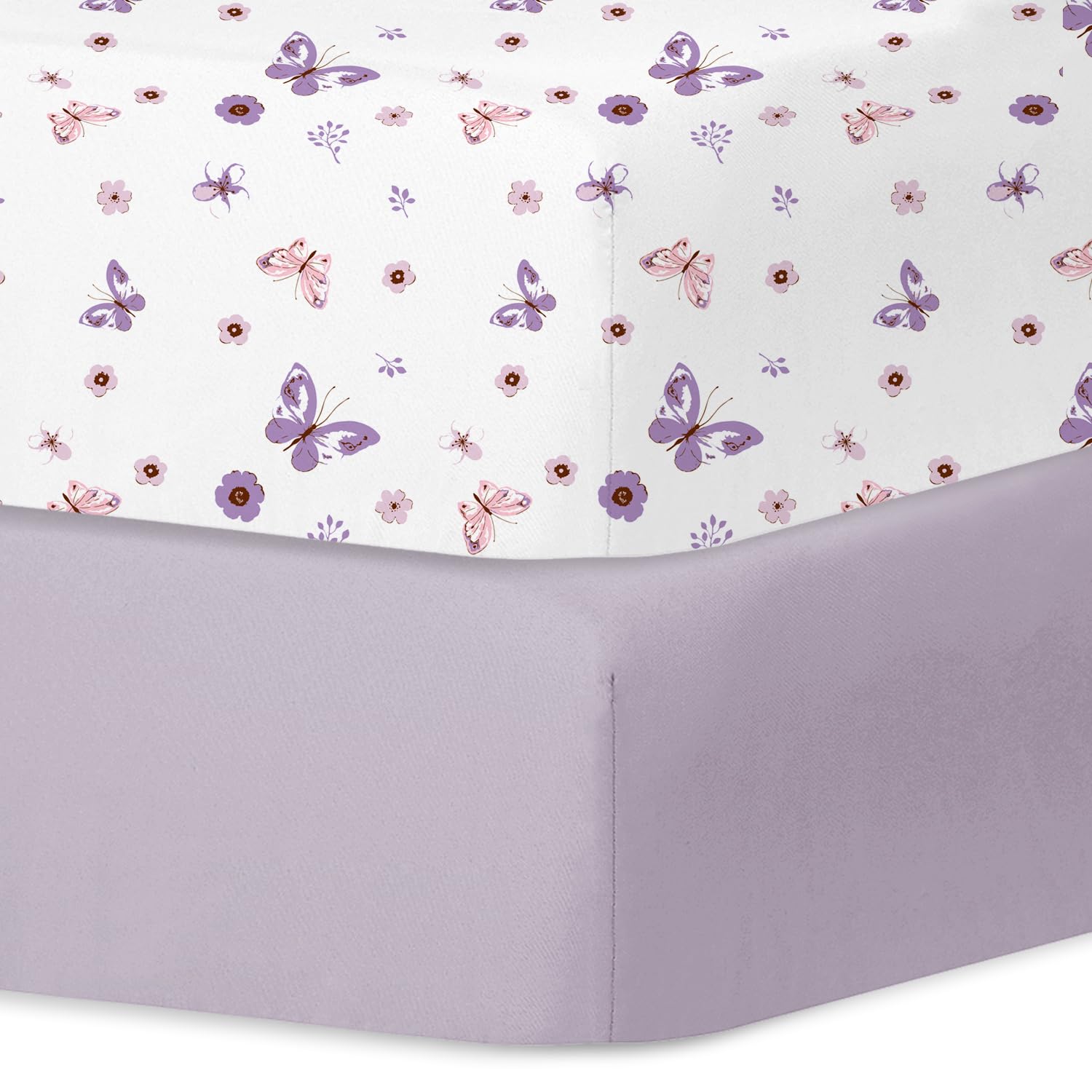 Little Grape Land crib sheets two-pack on a standard crib, soft and cozy