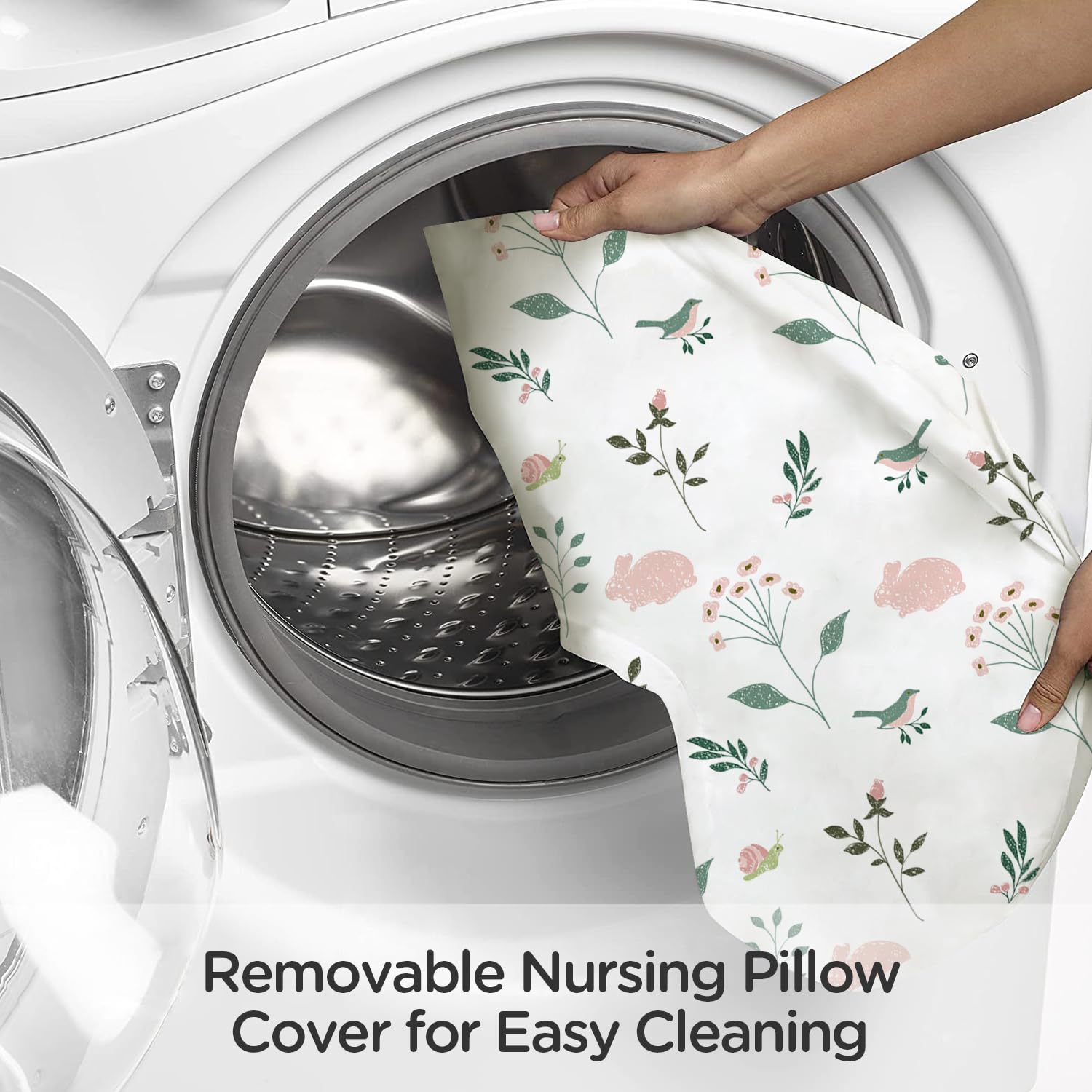 Machine-washable cover on the Little Bunny nursing pillow for quick cleanup.