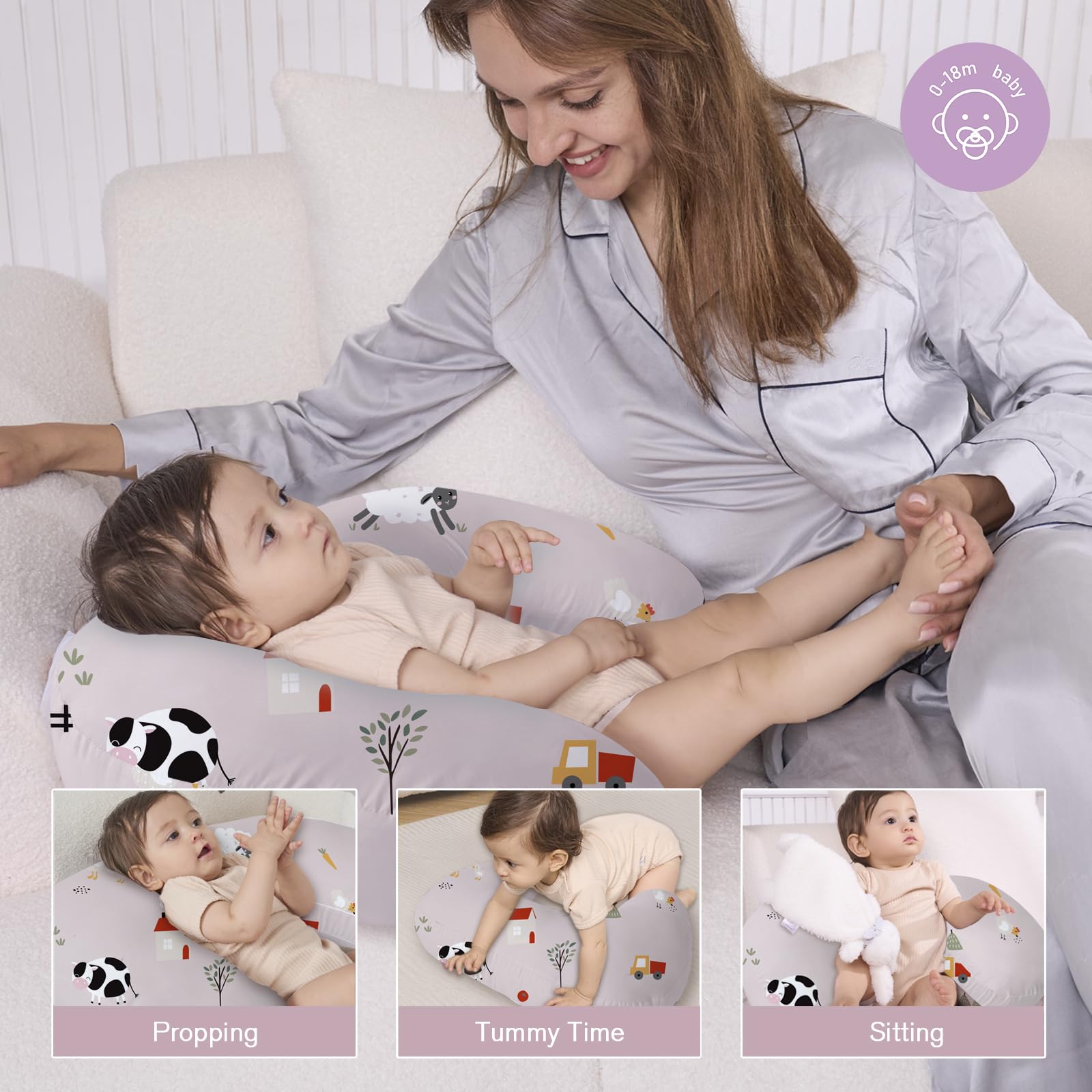 Little Grape Land nursing pillow supports tummy time and multiple feeding positions.