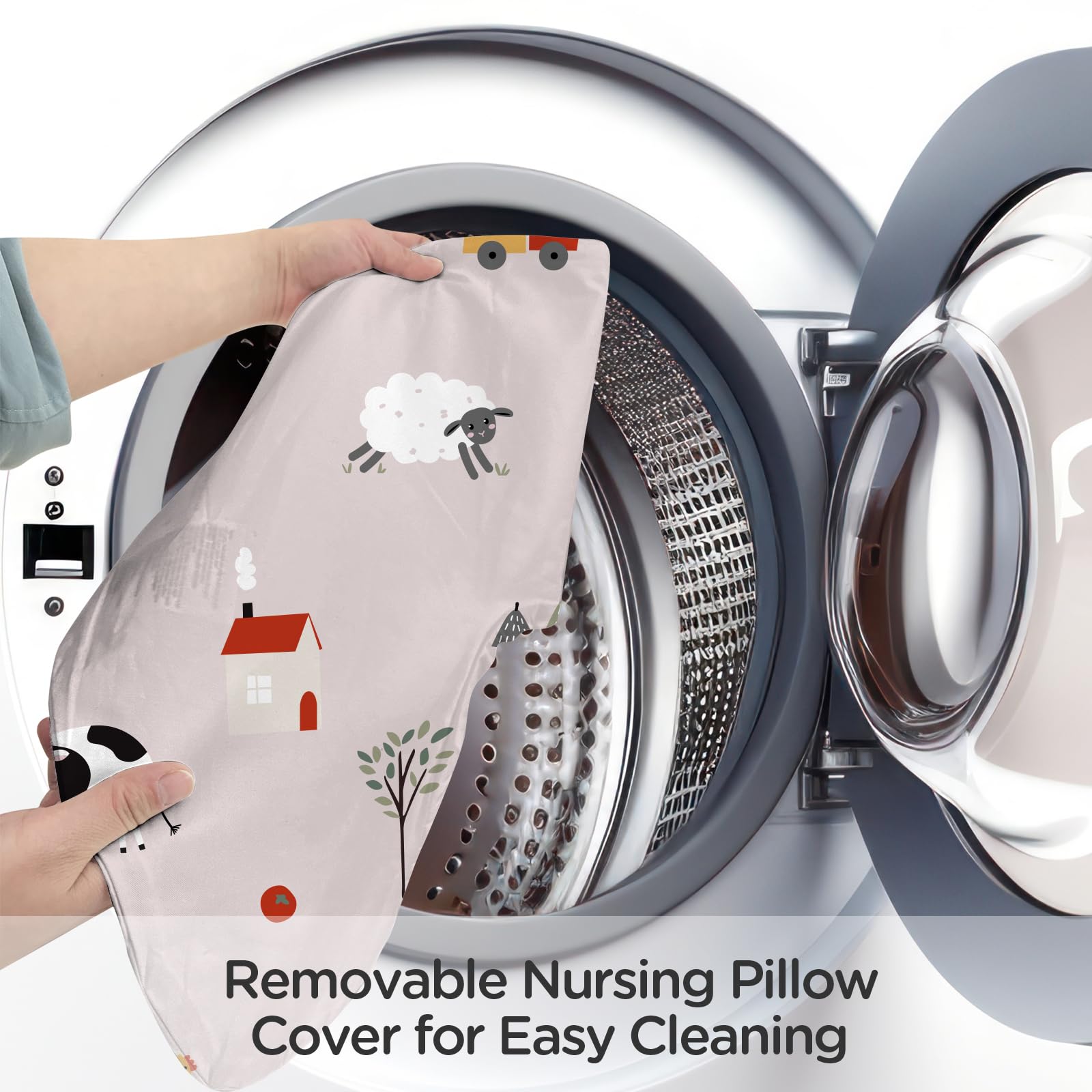 Little Grape Land nursing pillow in Pink Ranch color brightens the nursery.