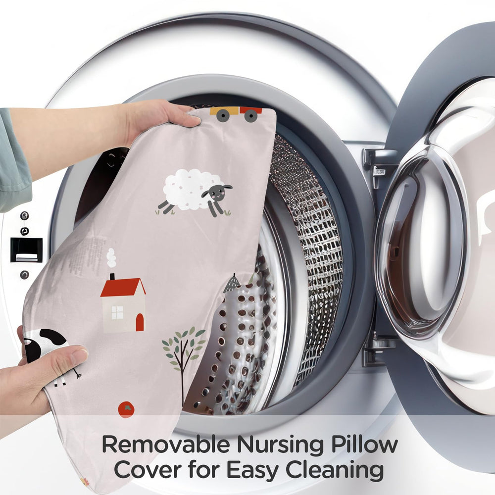 Little Grape Land nursing pillow in Pink Ranch color brightens the nursery.