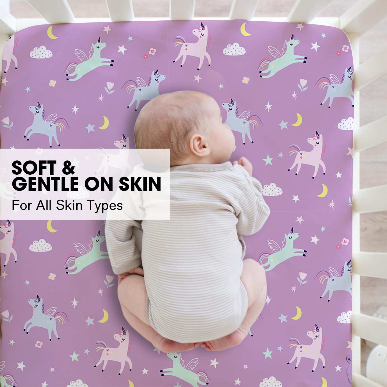Little Grape Land ultra-soft microfiber crib sheet closeup with gentle touch